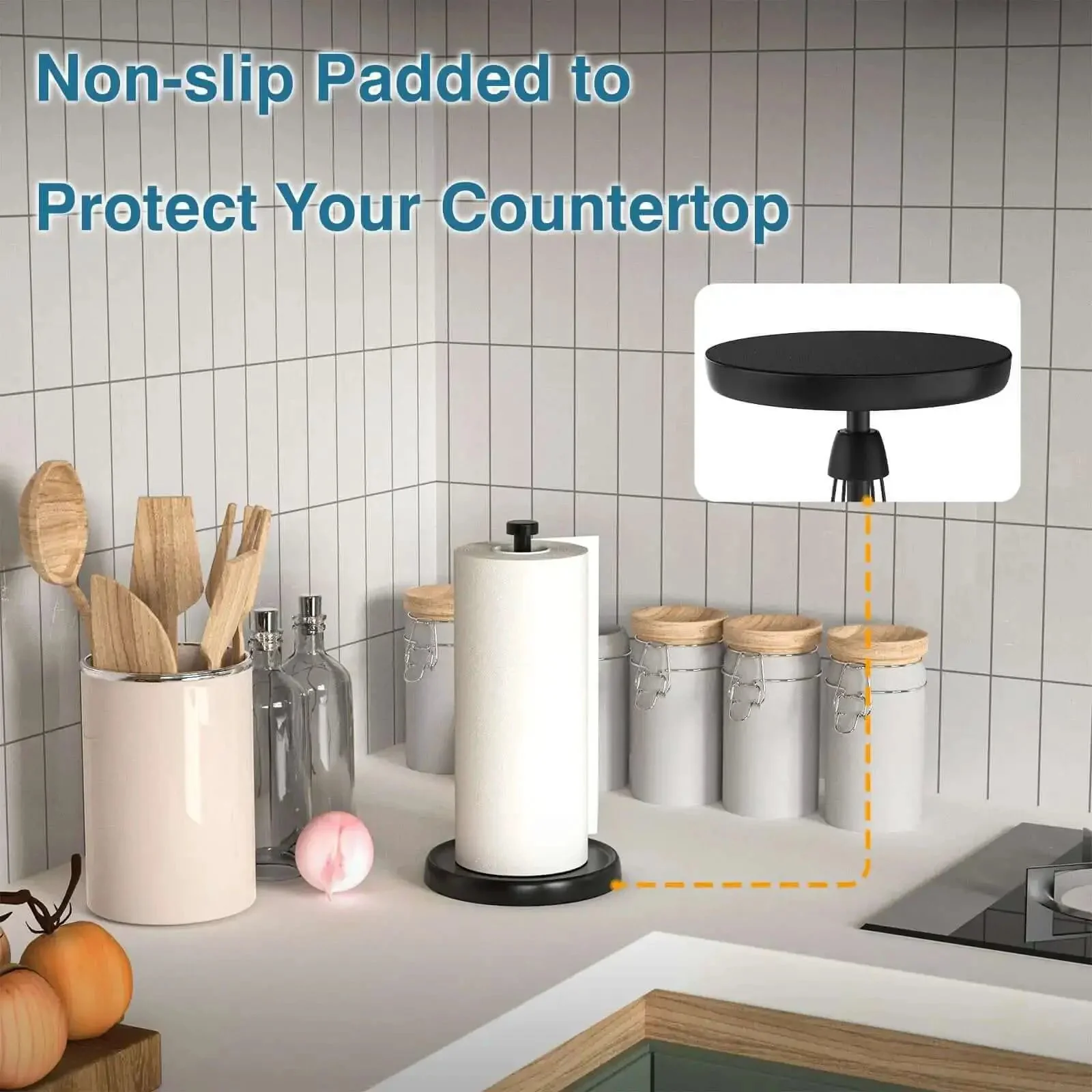 One Hand Tear Paper Towel Holder For Countertop Black Stainless Steel With Weighted Base Ratchet Mechanism For Easy One Hand Paper Dispensing In Kitchen And Bathroom Farmhouse Decor - Image 6