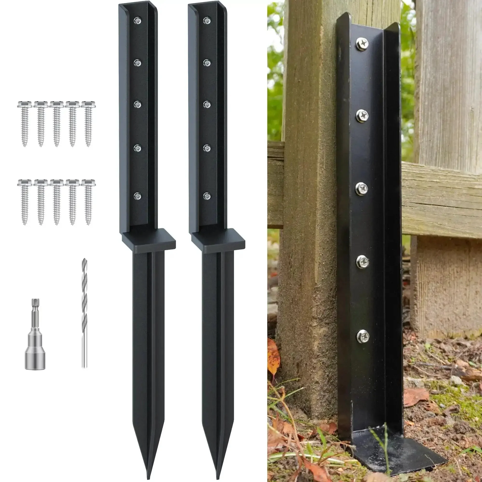 One Piece Fence Post Repair Kit Two Pack Heavy Duty Post Anchors 32 Inch Metal Ground Stakes For Repairing Tilted Or Broken Wooden Fences Durable Ground Support And Easy Install Black