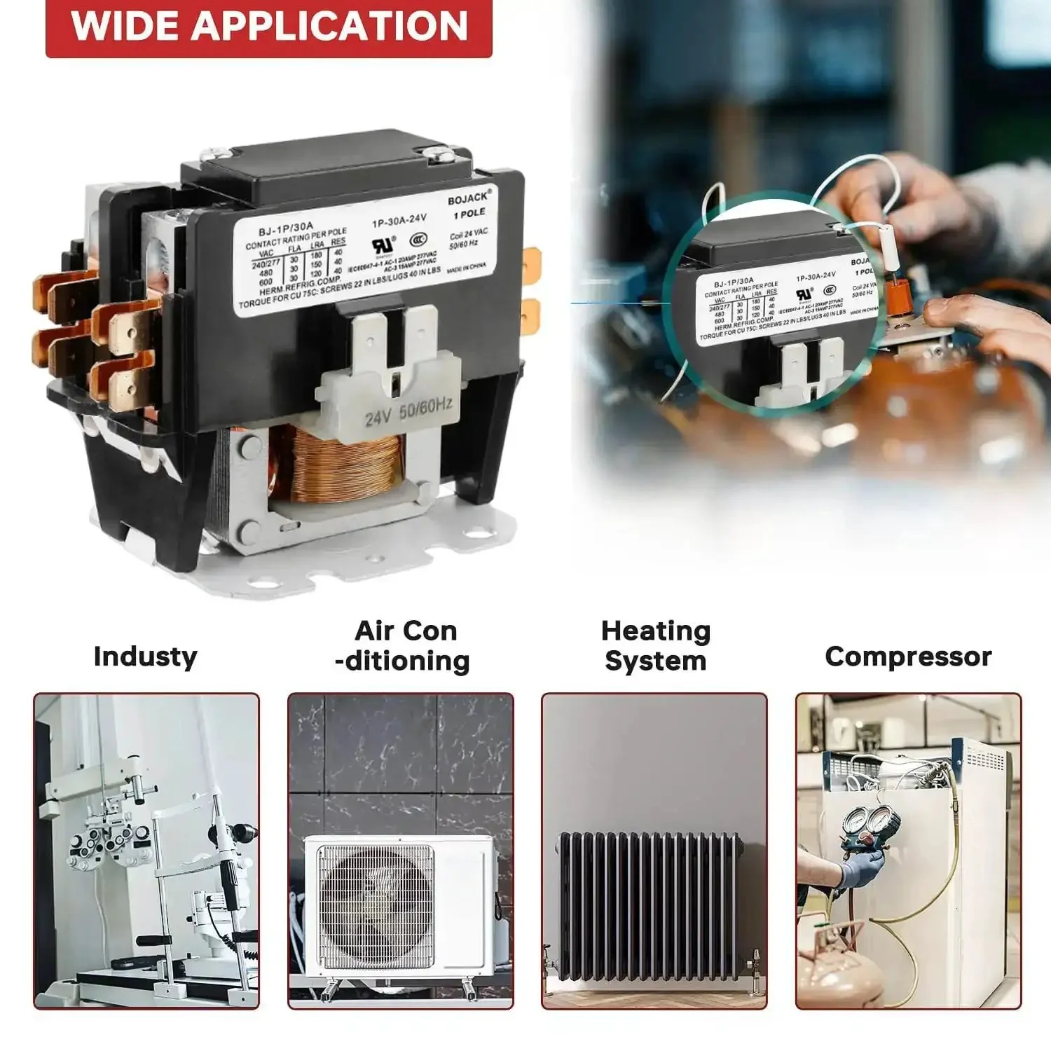 One Pole 24VAC Coil Contactor For Air Conditioner Condenser And HVAC Compressor 30 Amp FLA Definite Purpose Contactor 600V Rating Beefed Up Ideal For Residential And Light Commercial AC Systems - Image 3