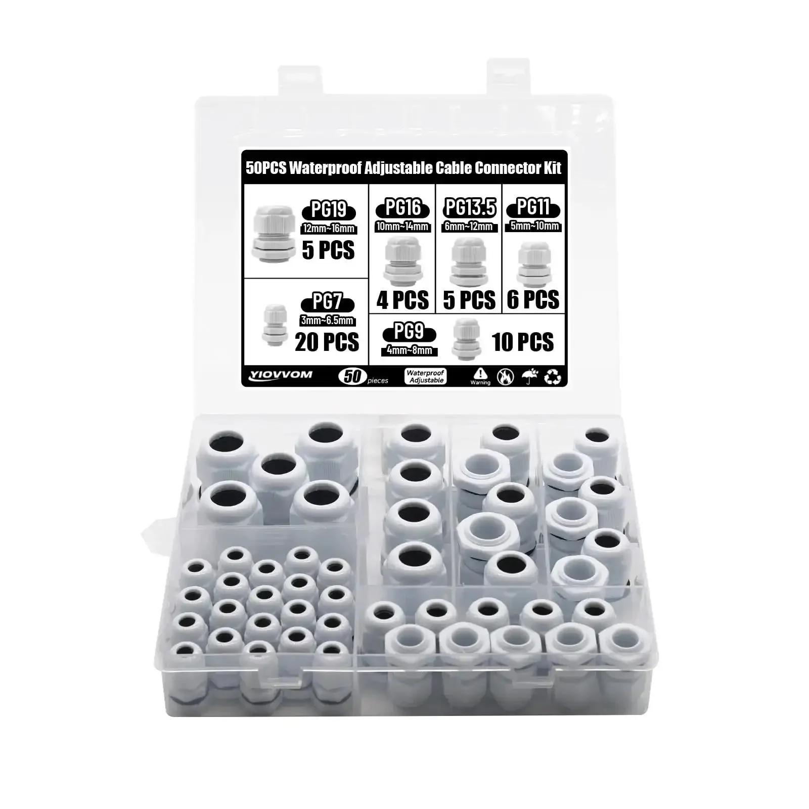 One-Stop Waterproof Cable Gland Kit, 50 Pcs, 3-16mm Adjustable Plastic Glands For Electrical Wiring, PG7-PG19 Range, Includes PG7, PG9, PG11, PG13.5, PG16, PG19 With Gaskets, Packed In A Durable PP Box