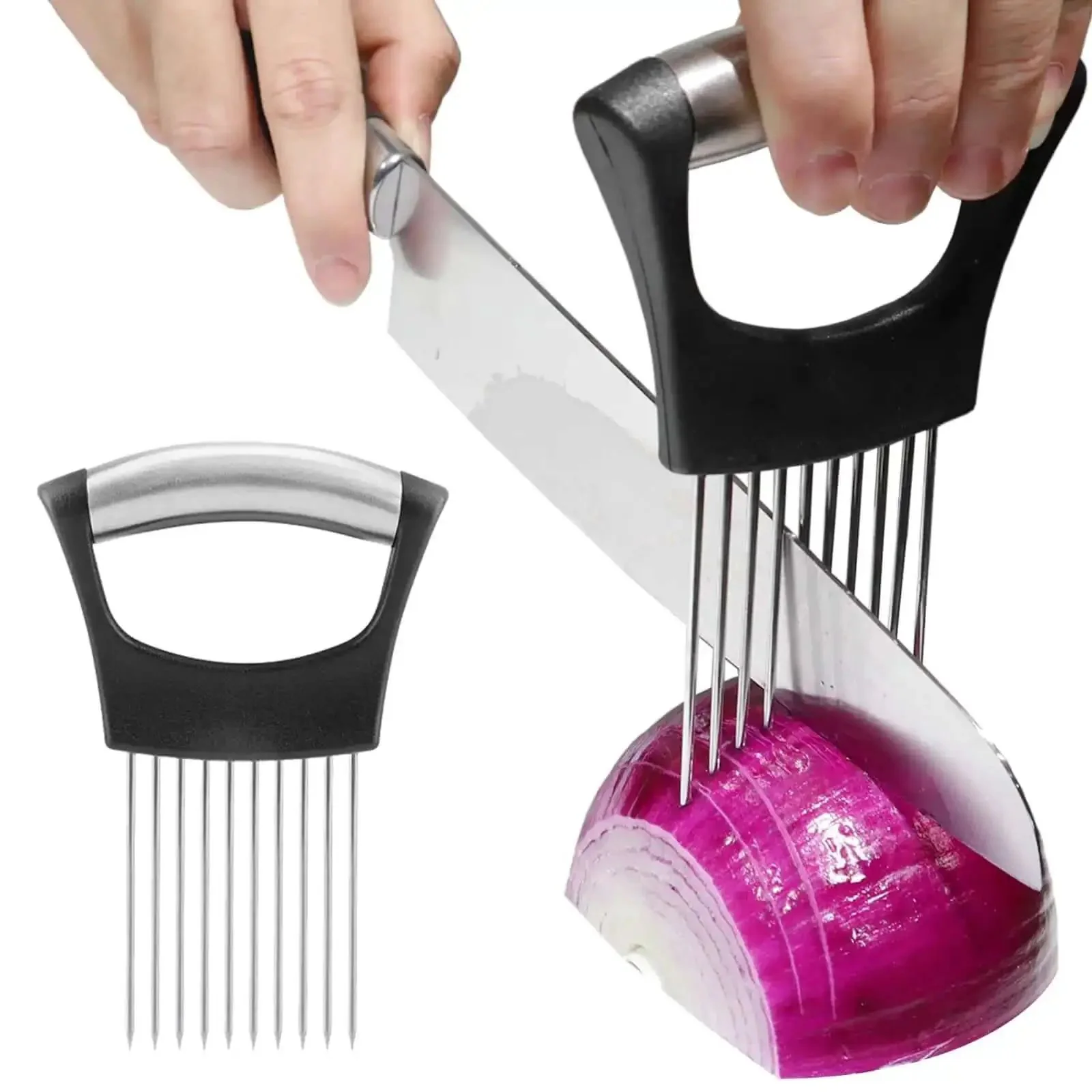 Onion Holder Slicer And Multifunction Kitchen Cutter For Vegetables Stainless Steel Onion Cutter Tomato Potato Avocado Egg Lemon And Meat Slicer Assistant With No Slip Grip For Quick Even Slices