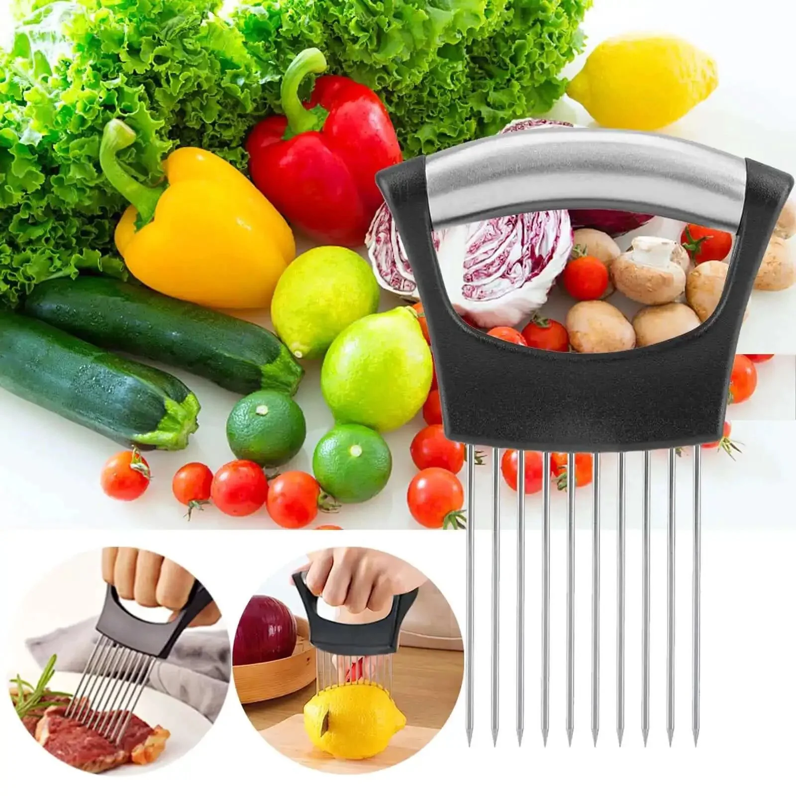 Onion Holder Slicer And Multifunction Kitchen Cutter For Vegetables Stainless Steel Onion Cutter Tomato Potato Avocado Egg Lemon And Meat Slicer Assistant With No Slip Grip For Quick Even Slices - Image 3
