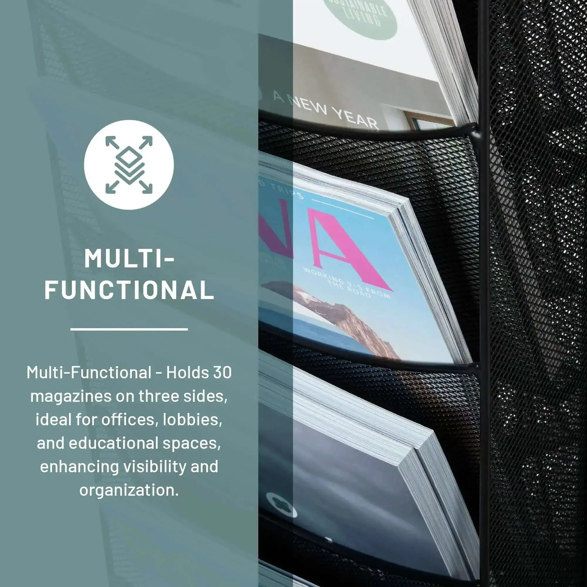Onyx Rotating Mesh Magazine Holder With 30 Pockets Display Rack For Journals And Catalogs 360 Degree Spin Brochure Organizer Built From Commercial Grade Steel With Scratch Resistant Black Finish - Image 5