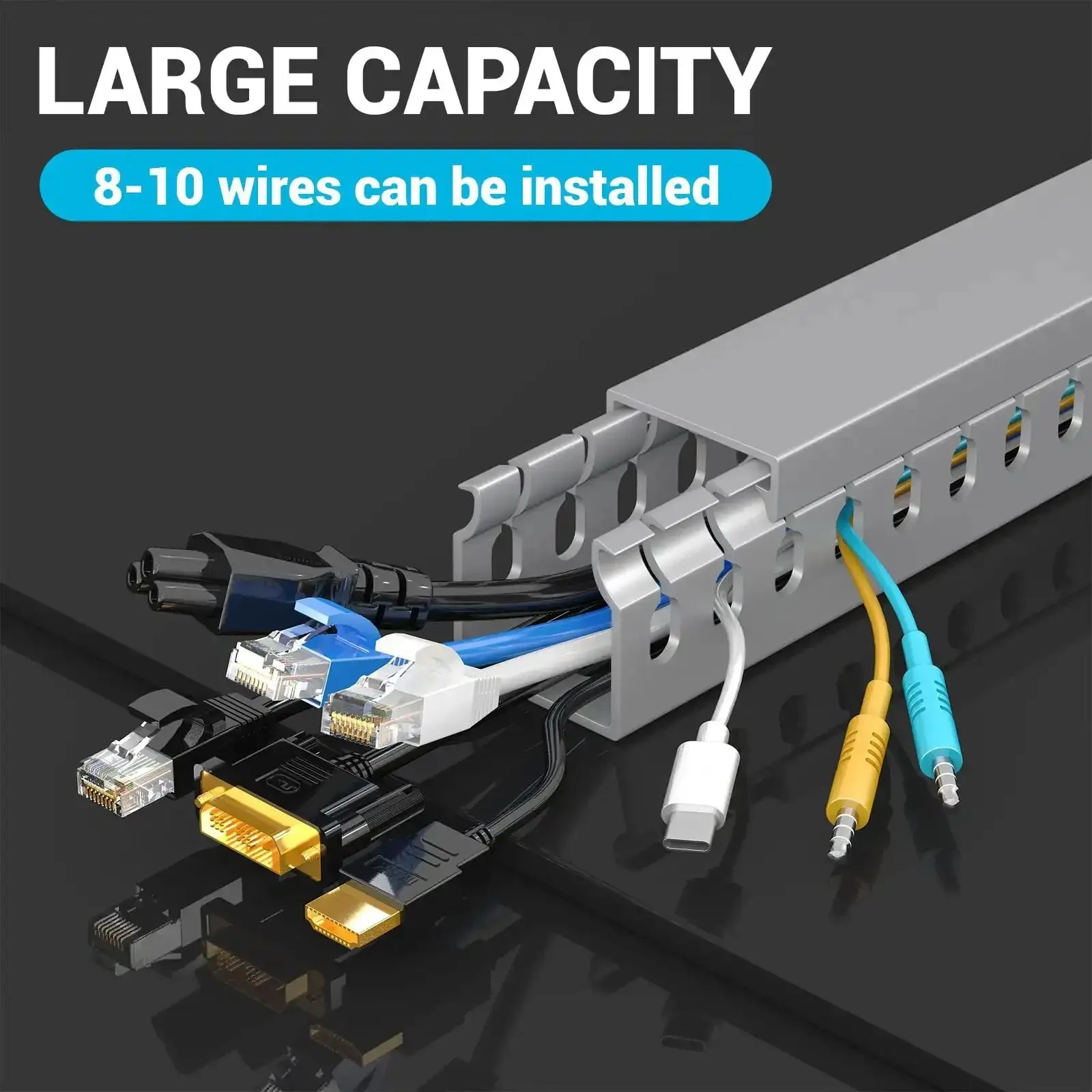 Open Slot Cable Duct Kit 62.8 Inches Four Pack Cable Management Raceway For Under Desk Wires Hide Network HDMI VGA Cables Power Cords Cat5 Cat6 Desk Wire Channel Grey - Image 5