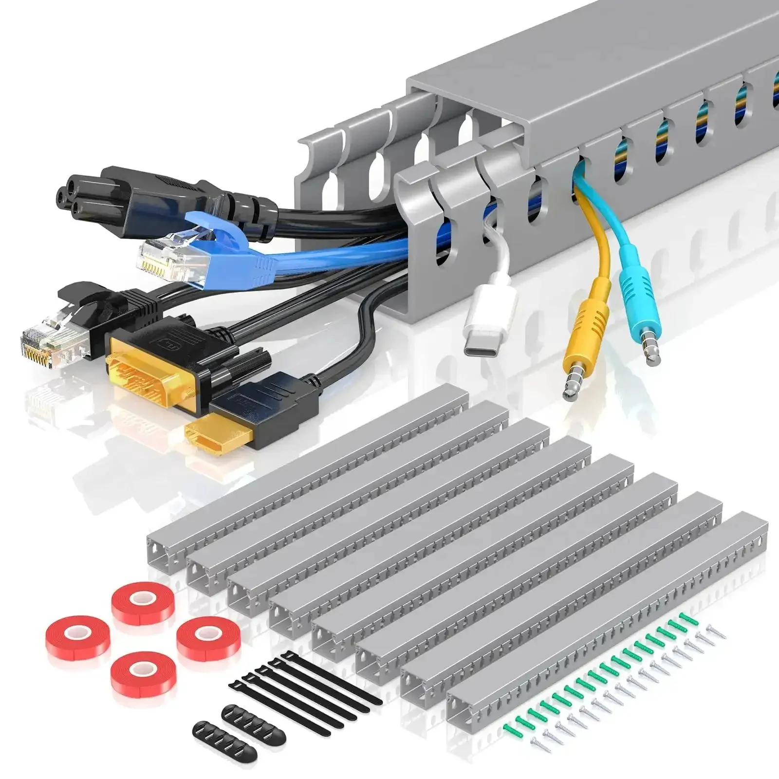 Open Slot Wire Duct Kit for Desk and Server Racks, 125.6 Inch Length, Eight Channel 15.7 Inch Lanes, Cable Raceway to Hide HDMI VGA Ethernet and Power Cables, Cat 5 and 6 Ready, Under Desk Wire Management, 8 Pack, Grey