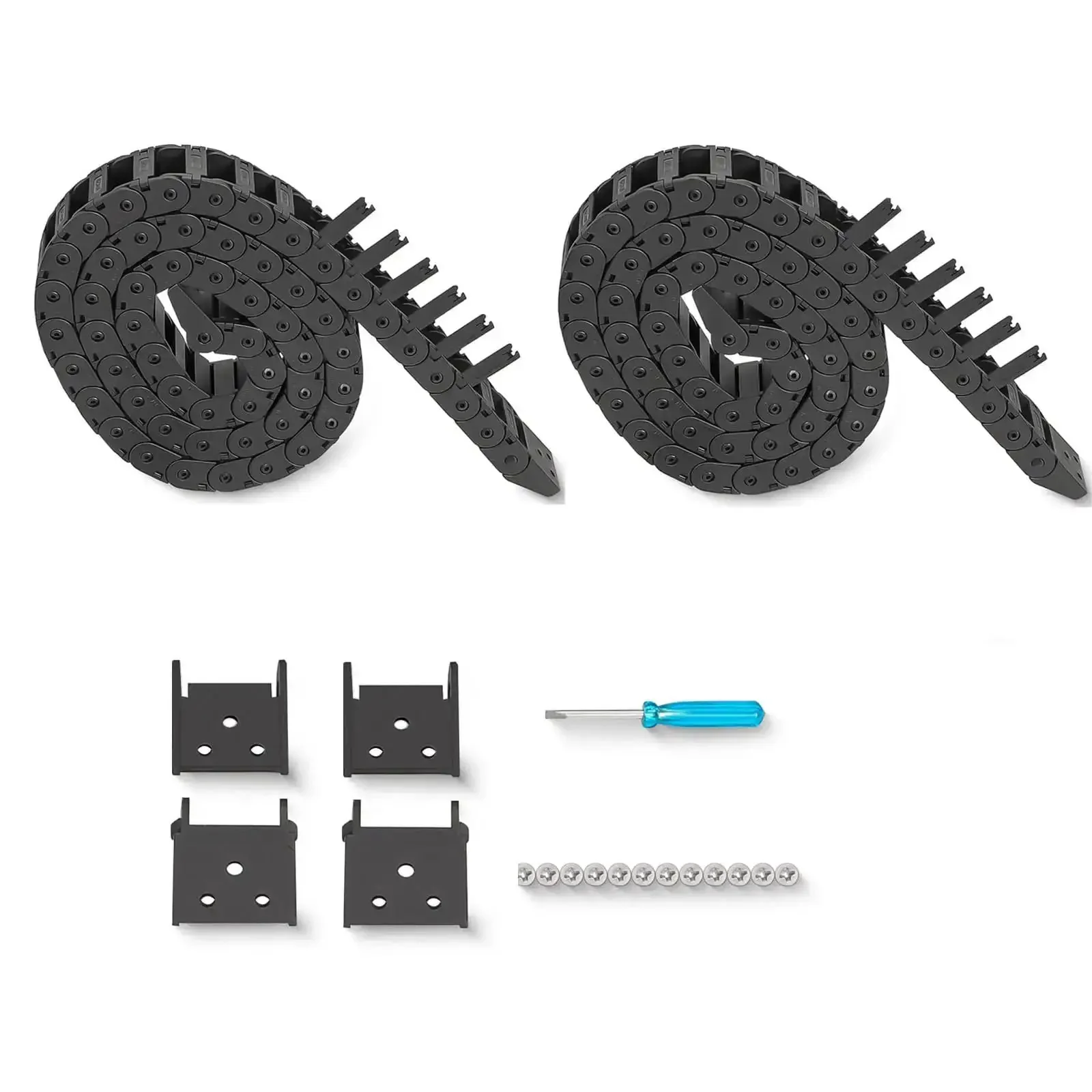Open Type Drag Chain Cable Carrier 39.4 Inch for CNC Router Mill and 3D Printer, 2 Pack with R18 Internal 10x20mm and External 14.5x28mm, Includes 2 End Connectors, 1 Screwdriver, and 9 Screws Nylon PA66