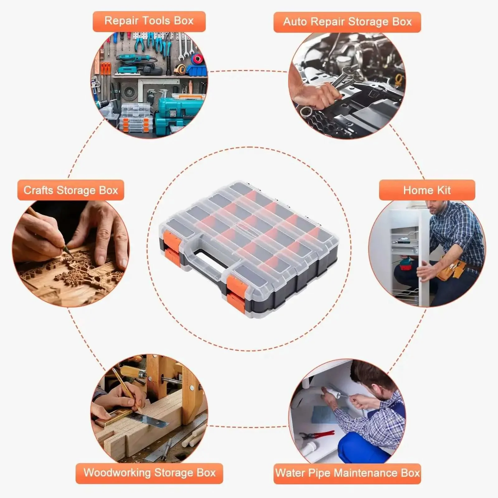Orange 34 Compartments Double Sided Small Parts Organizer With Removable Dividers And Clear Lid Tackle Box For Hardware Screws Bolts Nails Nuts Beads Jewelry Storage - Image 4