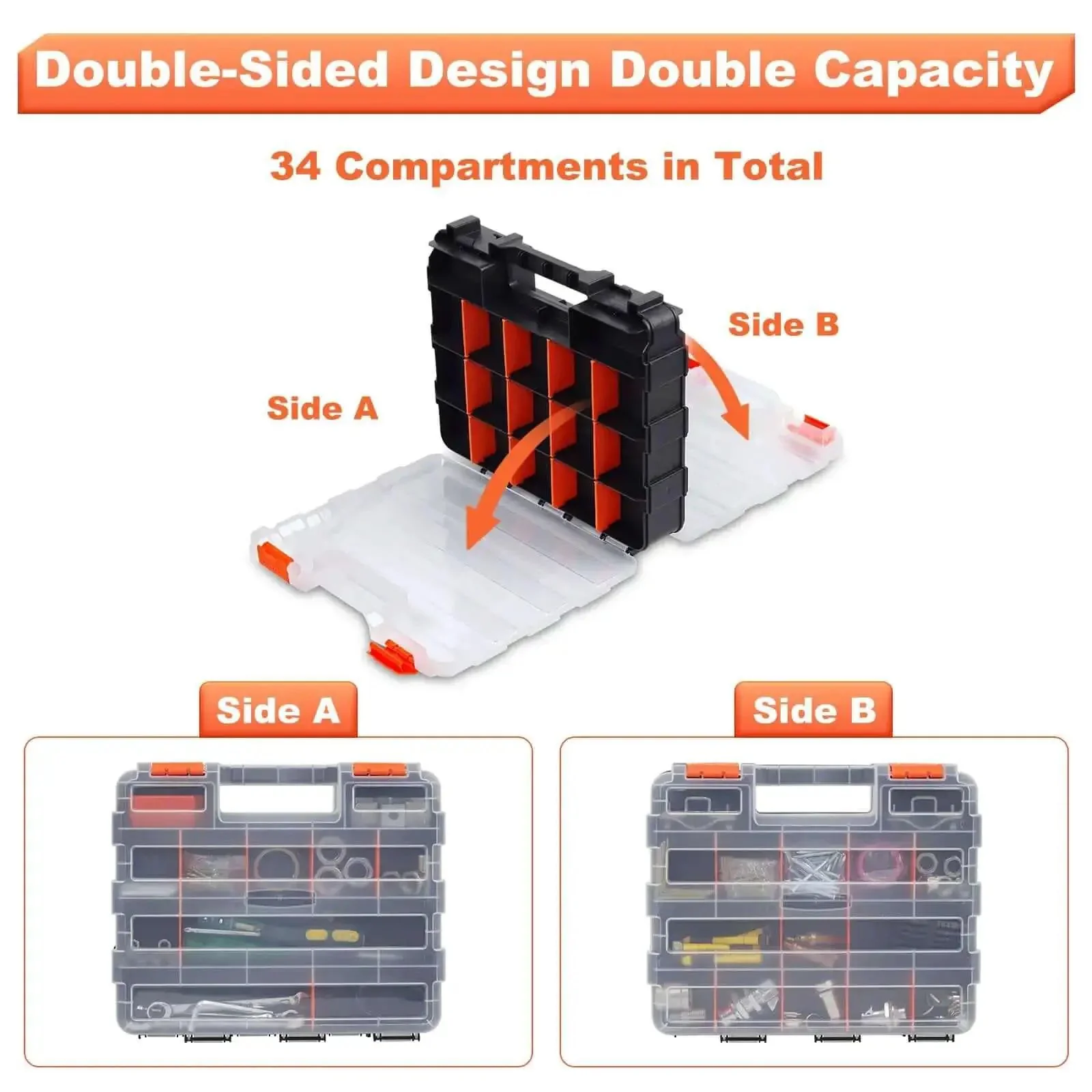 Orange 34 Compartments Double Sided Small Parts Organizer With Removable Dividers And Clear Lid Tackle Box For Hardware Screws Bolts Nails Nuts Beads Jewelry Storage - Image 5