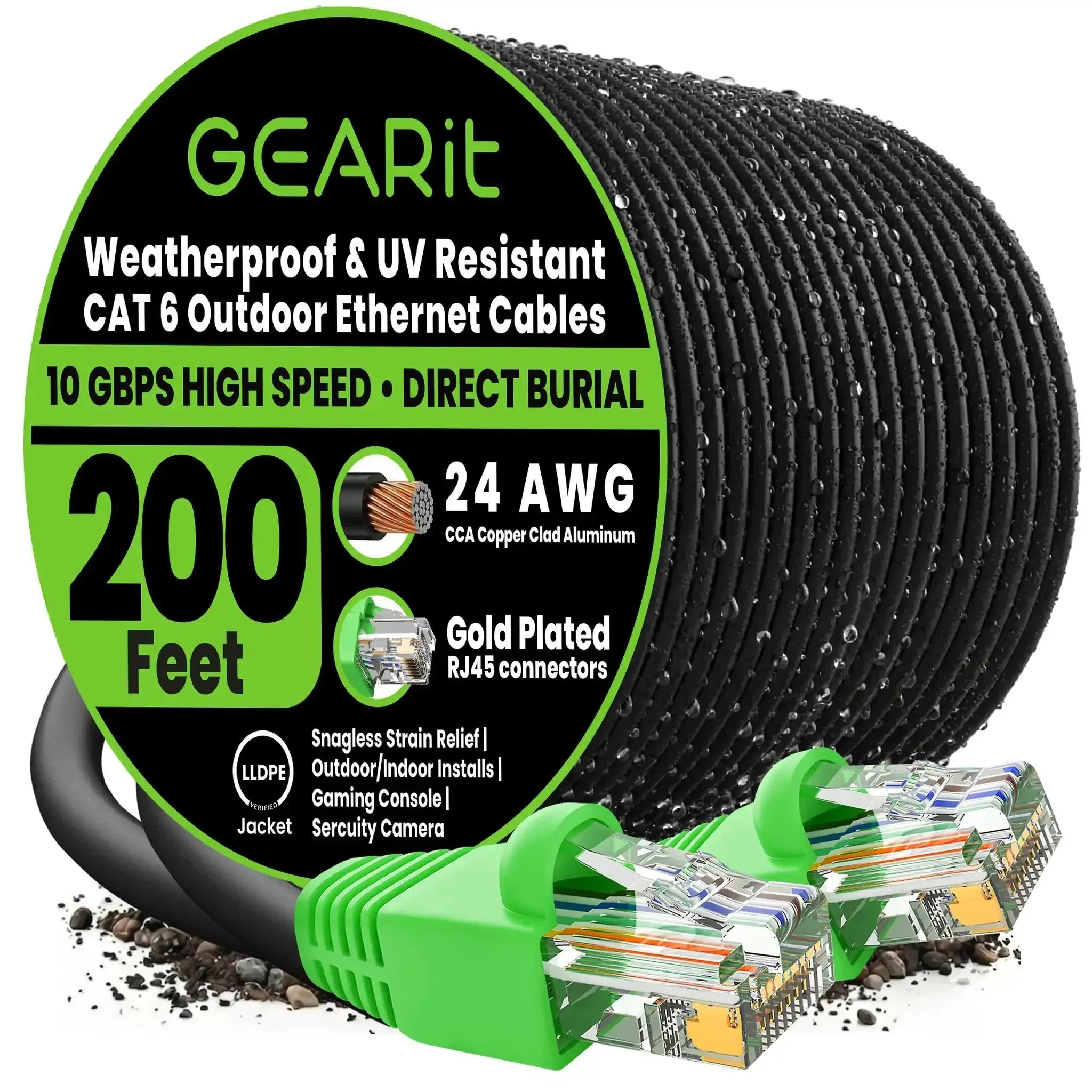 Outdoor Cat6 Ethernet Cable 200 Ft Direct Burial 24AWG High Speed Up To 10Gbps UV Resistant Waterproof Jacket CCA RJ45 Network Cable For Router Backyard Office Or Outdoor Install