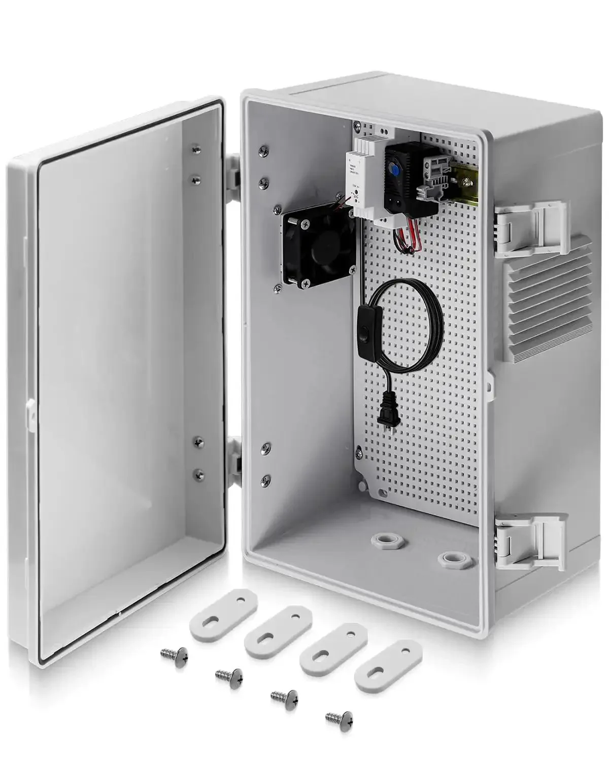 Outdoor Electrical Box With Built In Thermostat And Fan For Easy Temperature Control, Ventilated ABS Enclosure, All Weather Dustproof Junction Box With Grommets, Indoor Outdoor Use, Mounting Panel, Grey Cover