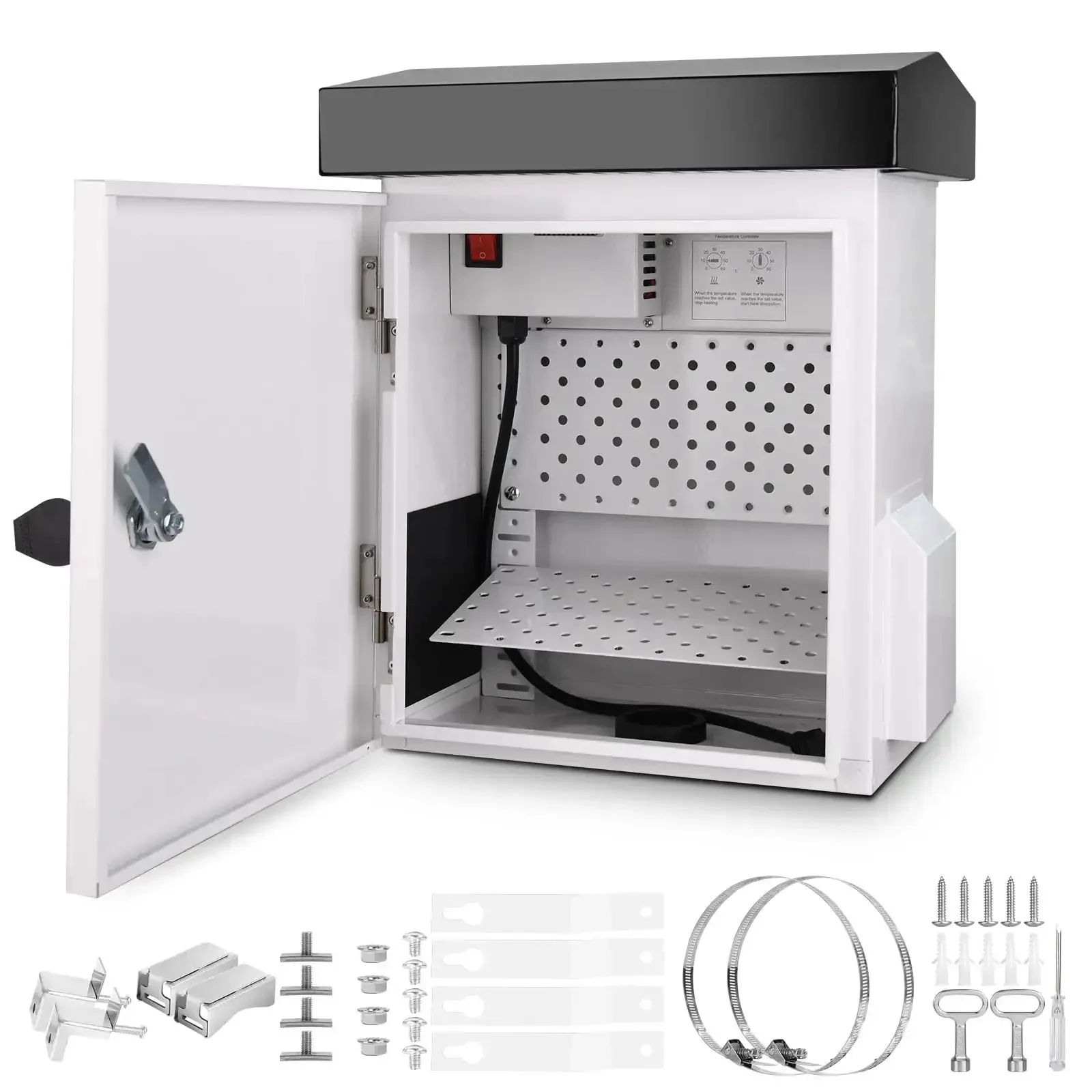 Outdoor Electrical Enclosure With Thermostat 100W Heater And 12W Fan IP65 Waterproof Galvanized Steel Cabinet For Telecom Power And Battery Systems Temperature Control From 32 To 140 Degrees Fahrenheit 15.9 By 13.4 By 9.6 Inches
