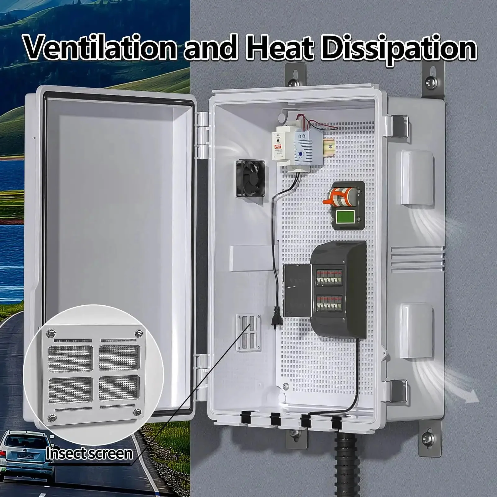 Outdoor Electrical Enclosure With Thermostat And Fan, Ventilated All Weather Box For Indoor Or Outdoor Use, Mounting Panel, Cable Grommets, Gray Cover, Rugged Build And Easy Install - Image 7