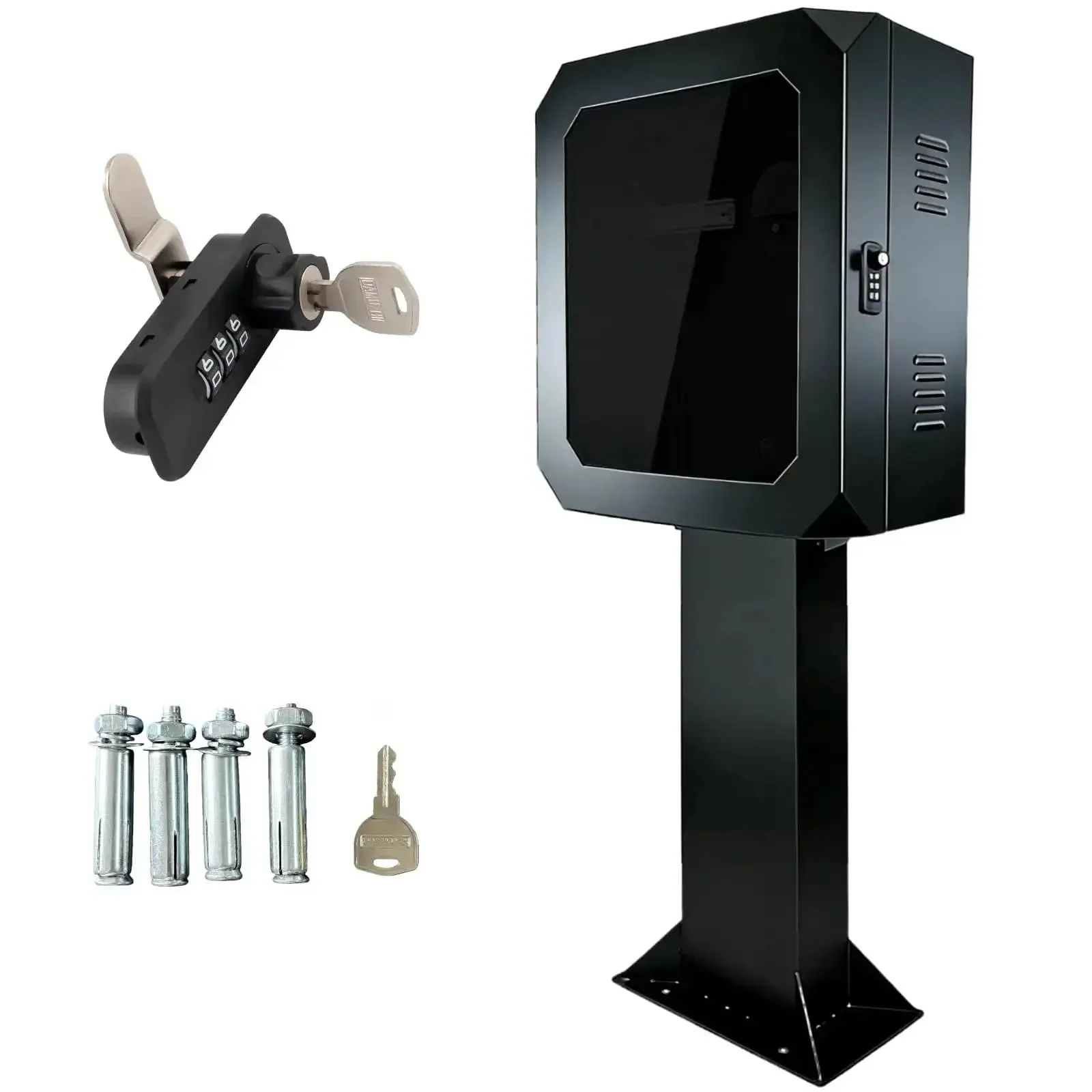 Outdoor EV Charger Enclosure With Key Lock, Floor Standing Steel Protective Box With Tempered Glass Front, Weatherproof Security Cover For Tesla And Other EV Chargers, Easy To Install, Black
