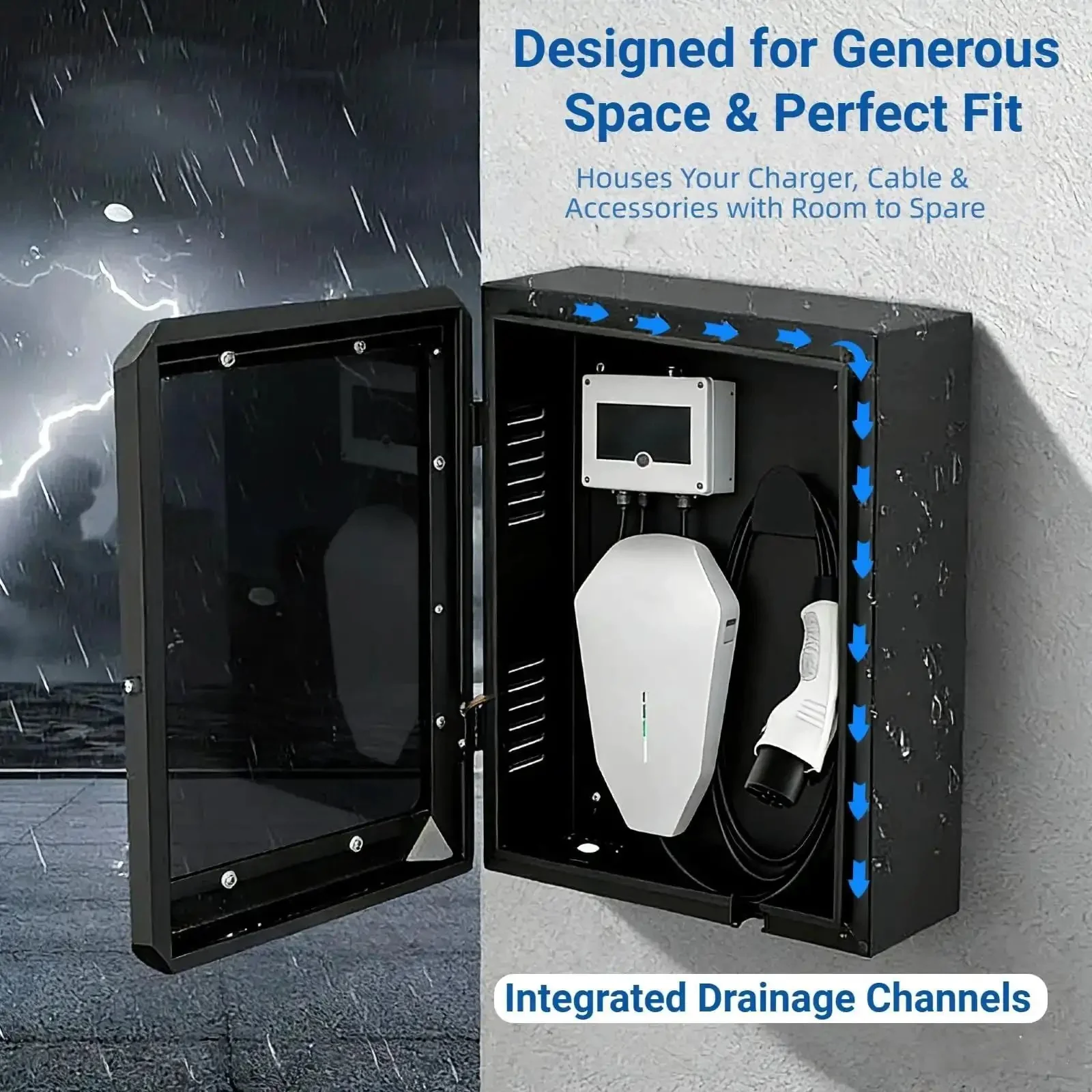 Outdoor EV Charger Enclosure With Key Lock, Floor Standing Steel Protective Box With Tempered Glass Front, Weatherproof Security Cover For Tesla And Other EV Chargers, Easy To Install, Black - Image 5