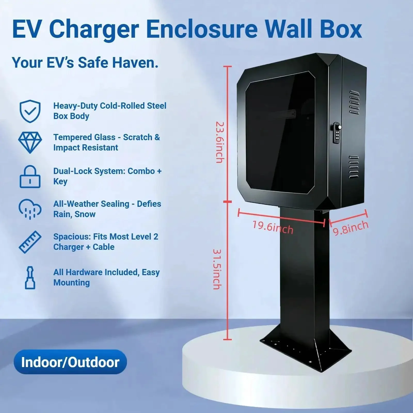 Outdoor EV Charger Enclosure With Key Lock, Floor Standing Steel Protective Box With Tempered Glass Front, Weatherproof Security Cover For Tesla And Other EV Chargers, Easy To Install, Black - Image 7