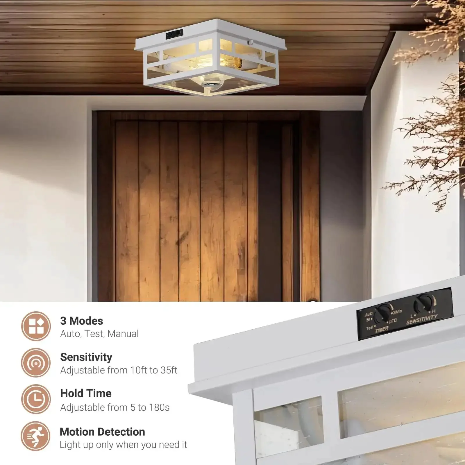 Outdoor Flush Mount Motion Sensor White Ceiling Light With Seeded Clear Glass Timeless Industrial Design For Porch Driveway Covered Patio Farmhouse And Entryway - Image 8