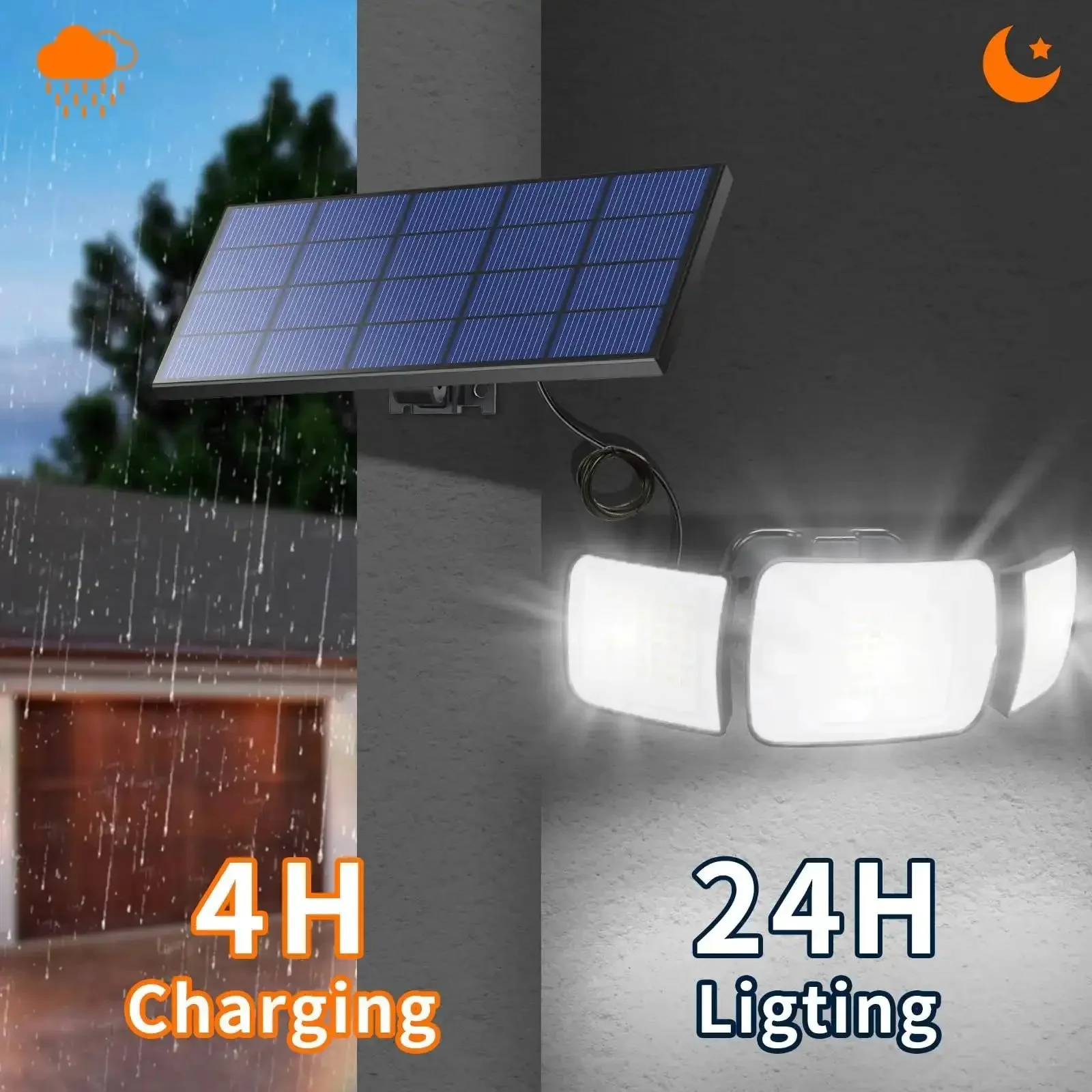 Outdoor Solar Flood Lights With Remote Control 3 Head Motion Sensor Flood Lights IP65 Waterproof Separate Panel With 9ft Cable Easy Install Energy Saving Outdoor Lighting Set Two Pack - Image 3