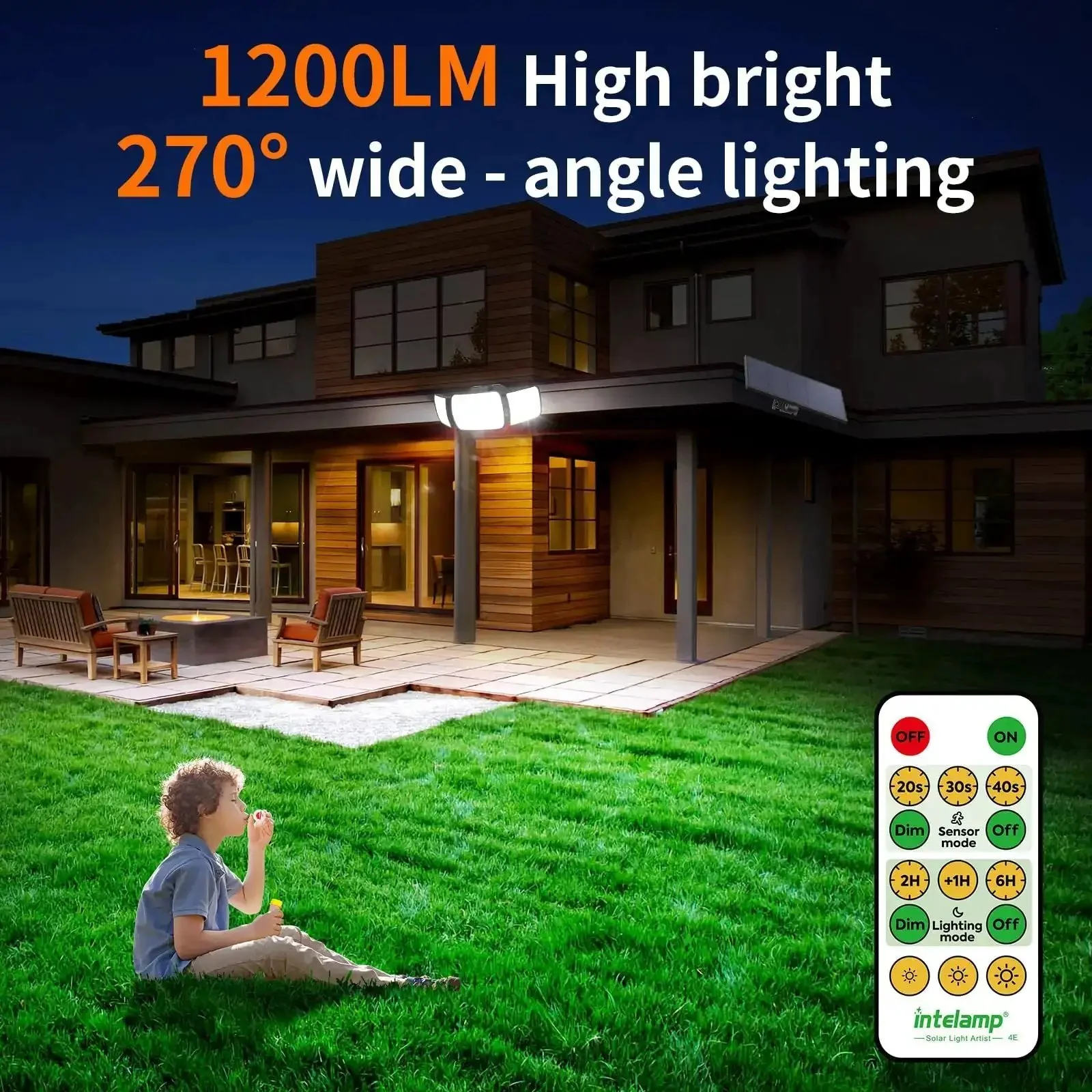 Outdoor Solar Flood Lights With Remote Control 3 Head Motion Sensor Flood Lights IP65 Waterproof Separate Panel With 9ft Cable Easy Install Energy Saving Outdoor Lighting Set Two Pack - Image 7
