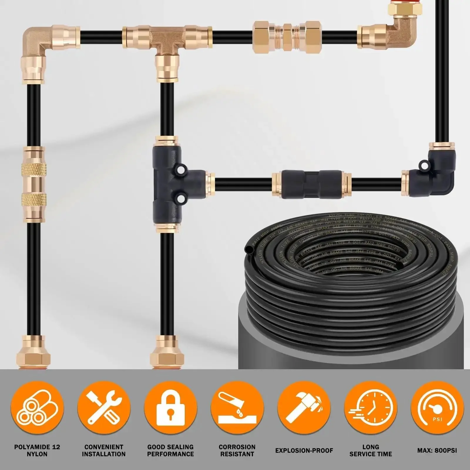 PA12 Nylon DOT Air Line One Half Inch OD Pneumatic Tubing, 100 Feet Long, SAE J844 Compliant, High Pressure Air Hose For Industrial Use, Corrosion Resistant, High Temperature Flexibility - Image 2