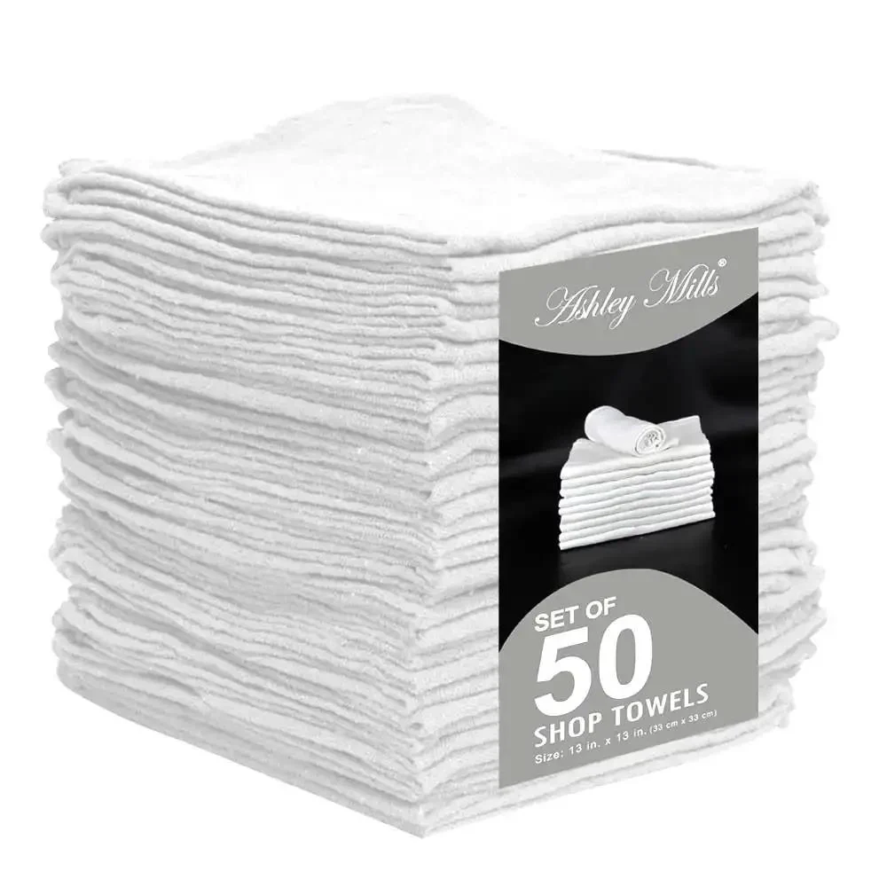 Pack Of 50 Cotton Shop Towels 13 By 14 Inches Absorbent Reusable Cleaning Rags For Auto Shop Garage Home Use Multipurpose White Towels Great For Automotive Detailing Industrial Cleanups And General Cleaning