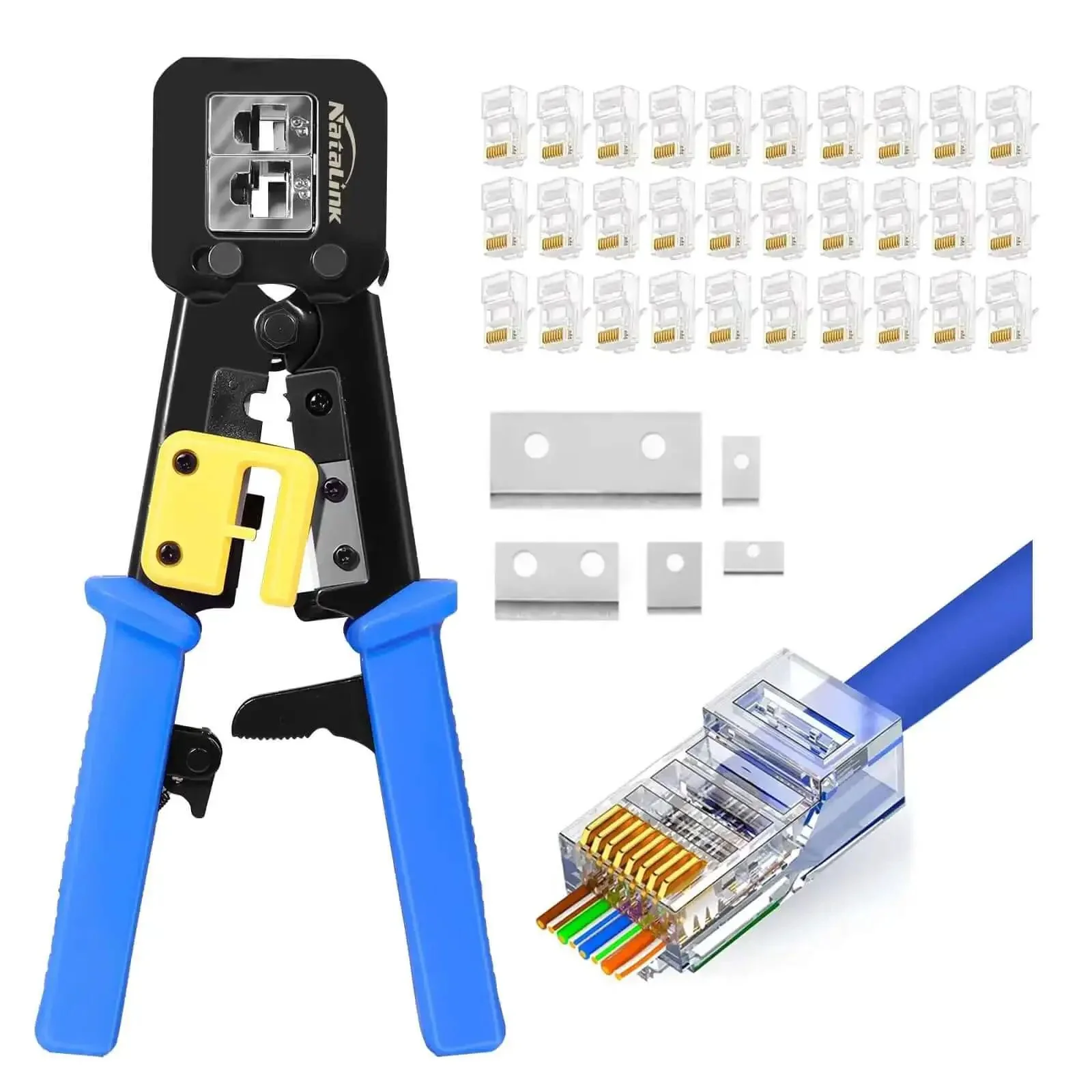 Pass Through RJ45 Crimp Tool Kit All In One Ethernet Crimper For Cat 6 Cat 5e Cat 5 With 30 Pass Through Connectors And Replacement Blades Includes Wire Stripping Cutting And Crimping