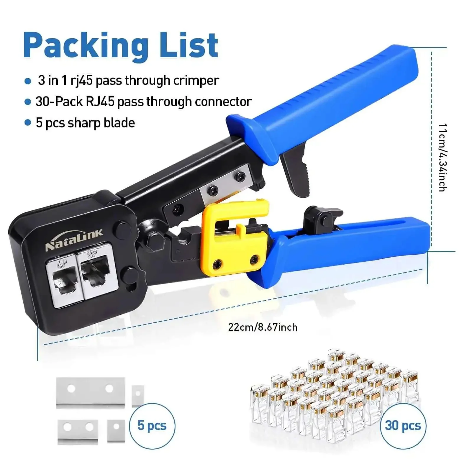 Pass Through RJ45 Crimp Tool Kit All In One Ethernet Crimper For Cat 6 Cat 5e Cat 5 With 30 Pass Through Connectors And Replacement Blades Includes Wire Stripping Cutting And Crimping - Image 6