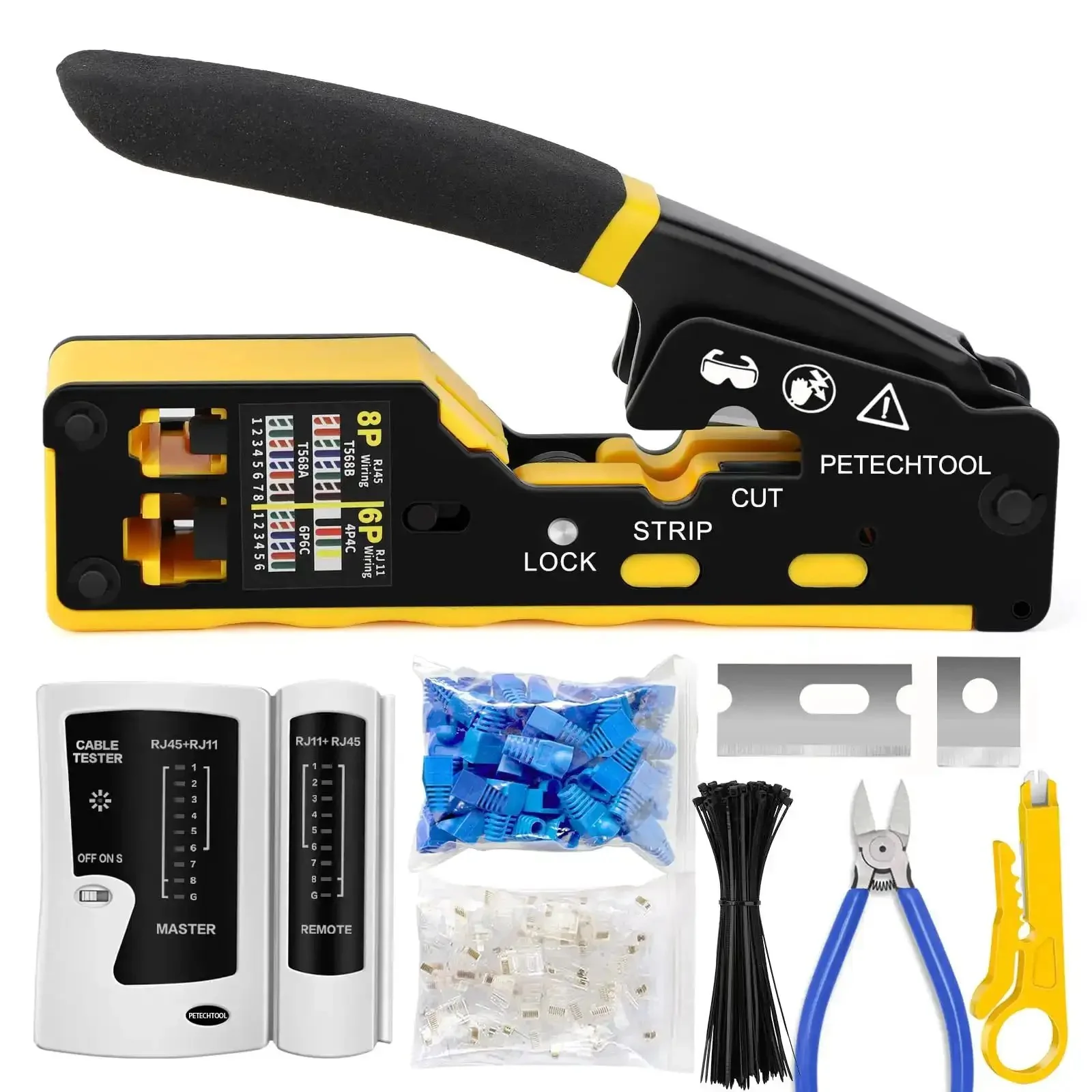 Pass Through RJ45 Crimp Tool Kit With Cable Tester For Cat6 Cat6a Cat5e Cat5 Ethernet Connectors Includes RJ45 Boot Covers Mini Stripper Blades And Cable Ties For Quick Clean Crimps