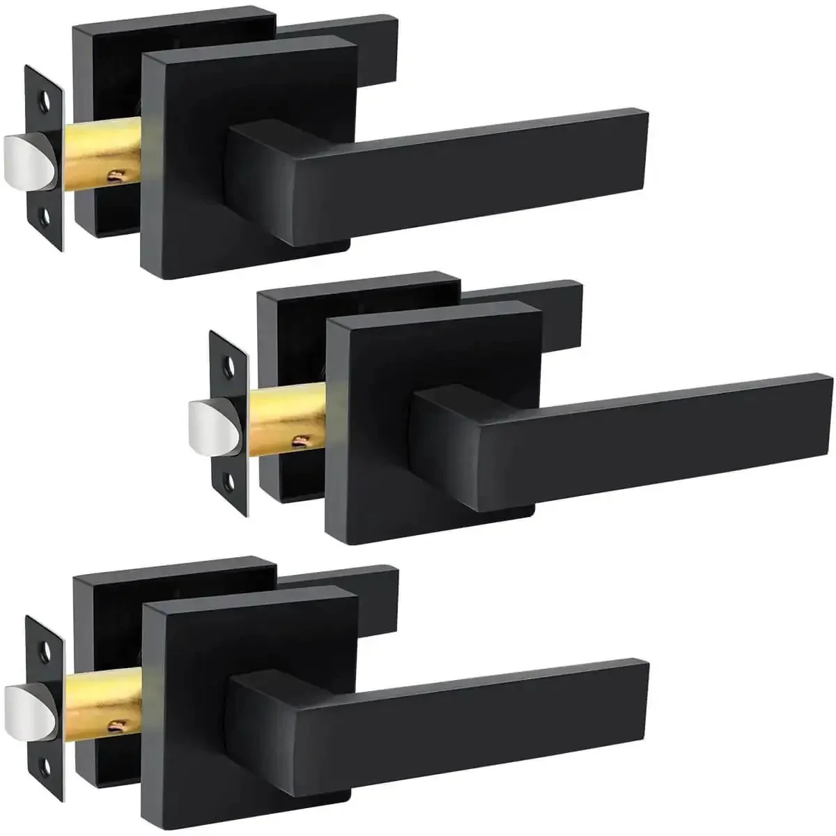 Passage Door Levers Set In Black Heavy Duty Keyless Door Handles Square Non Locking Design Reversible For Right Or Left Handed Use 3 Pack Ideal For Closets Hallways And Conference Rooms