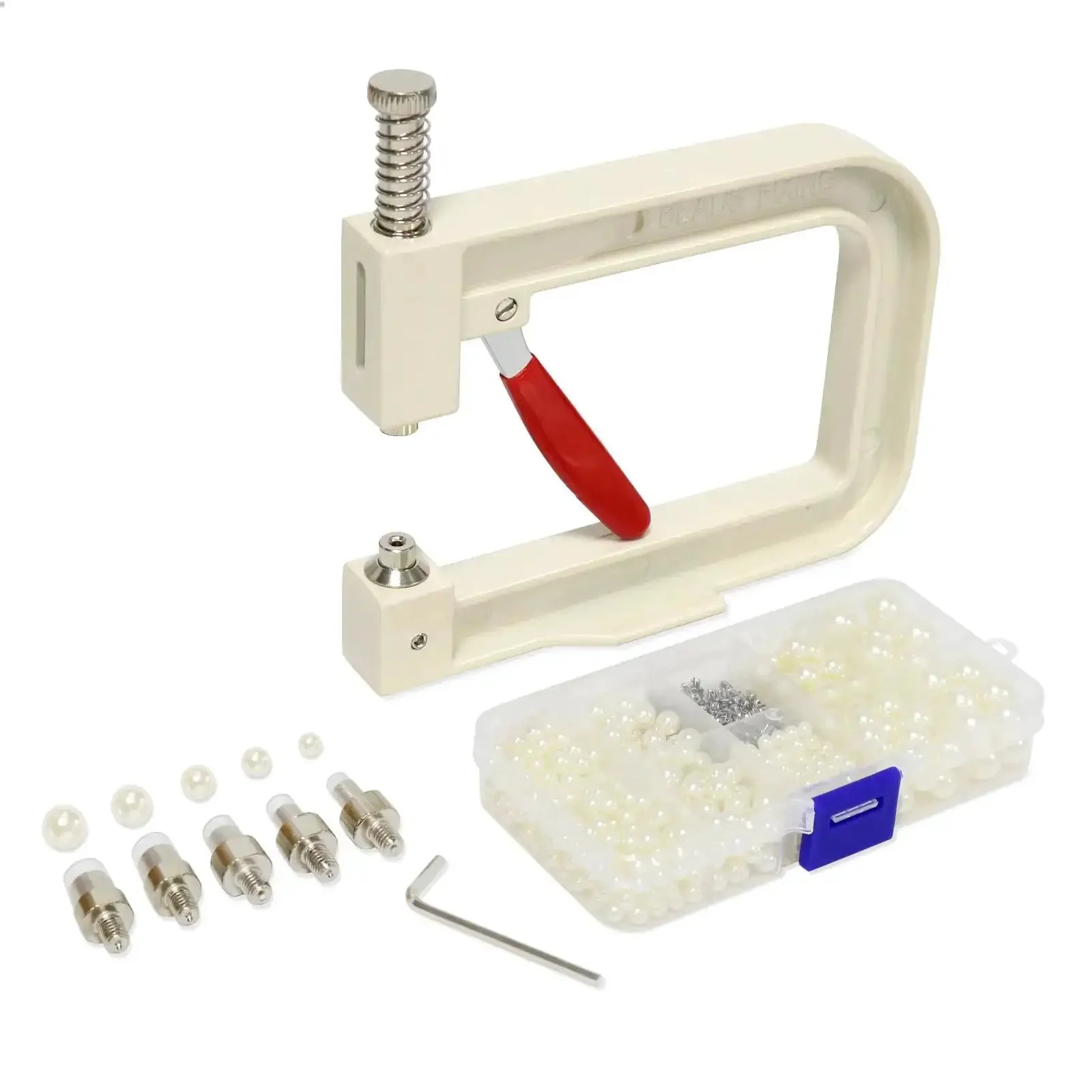 Pearl Setting Hand Press Tool Kit For Clothes, Bags And Hair Accessories With 1700 White Pearl Beads In Five Sizes, 1000 Rivet Studs, Five Press Heads And L Shape Wrench For DIY Craft Decorating - Image 3