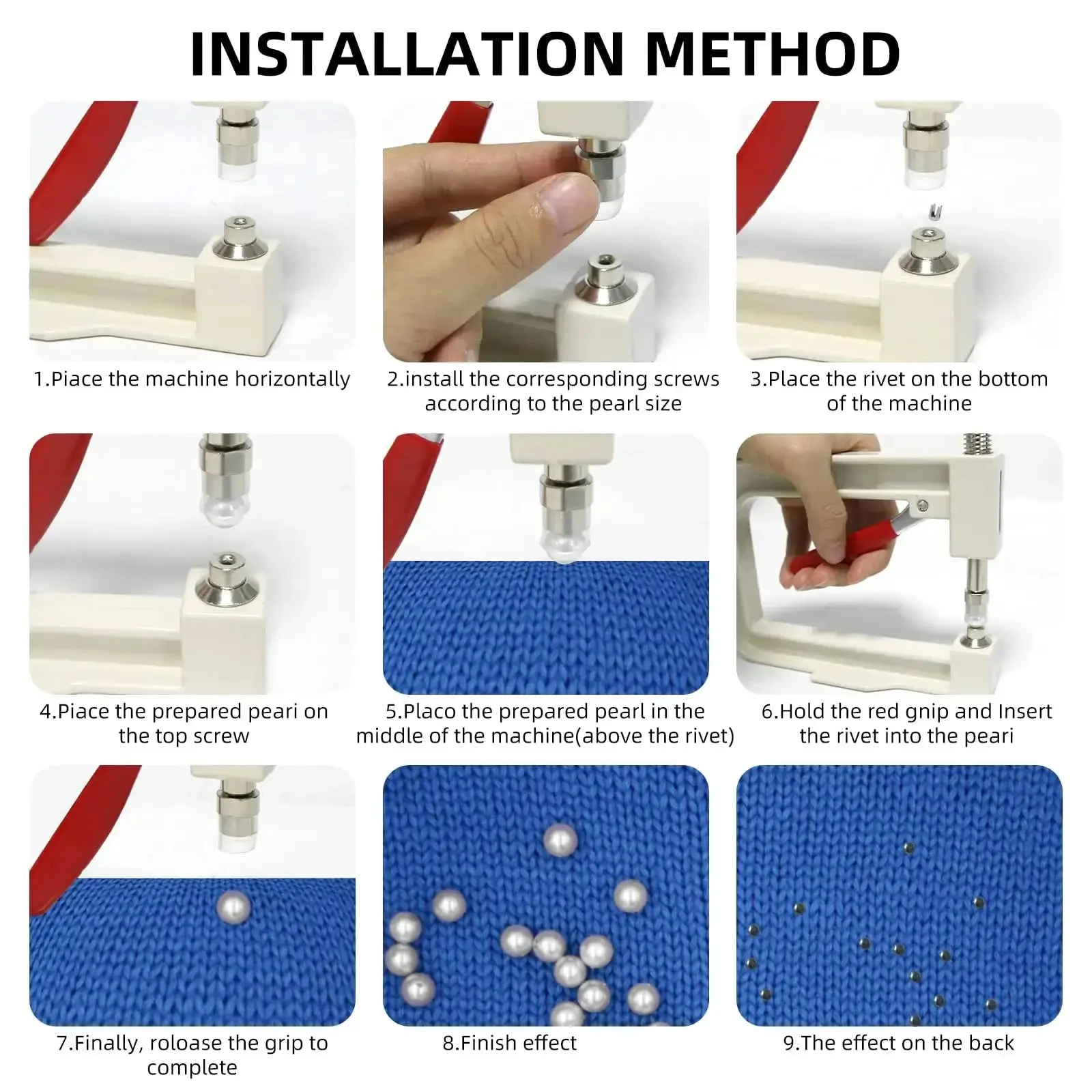 Pearl Setting Hand Press Tool Kit For Clothes, Bags And Hair Accessories With 1700 White Pearl Beads In Five Sizes, 1000 Rivet Studs, Five Press Heads And L Shape Wrench For DIY Craft Decorating - Image 5