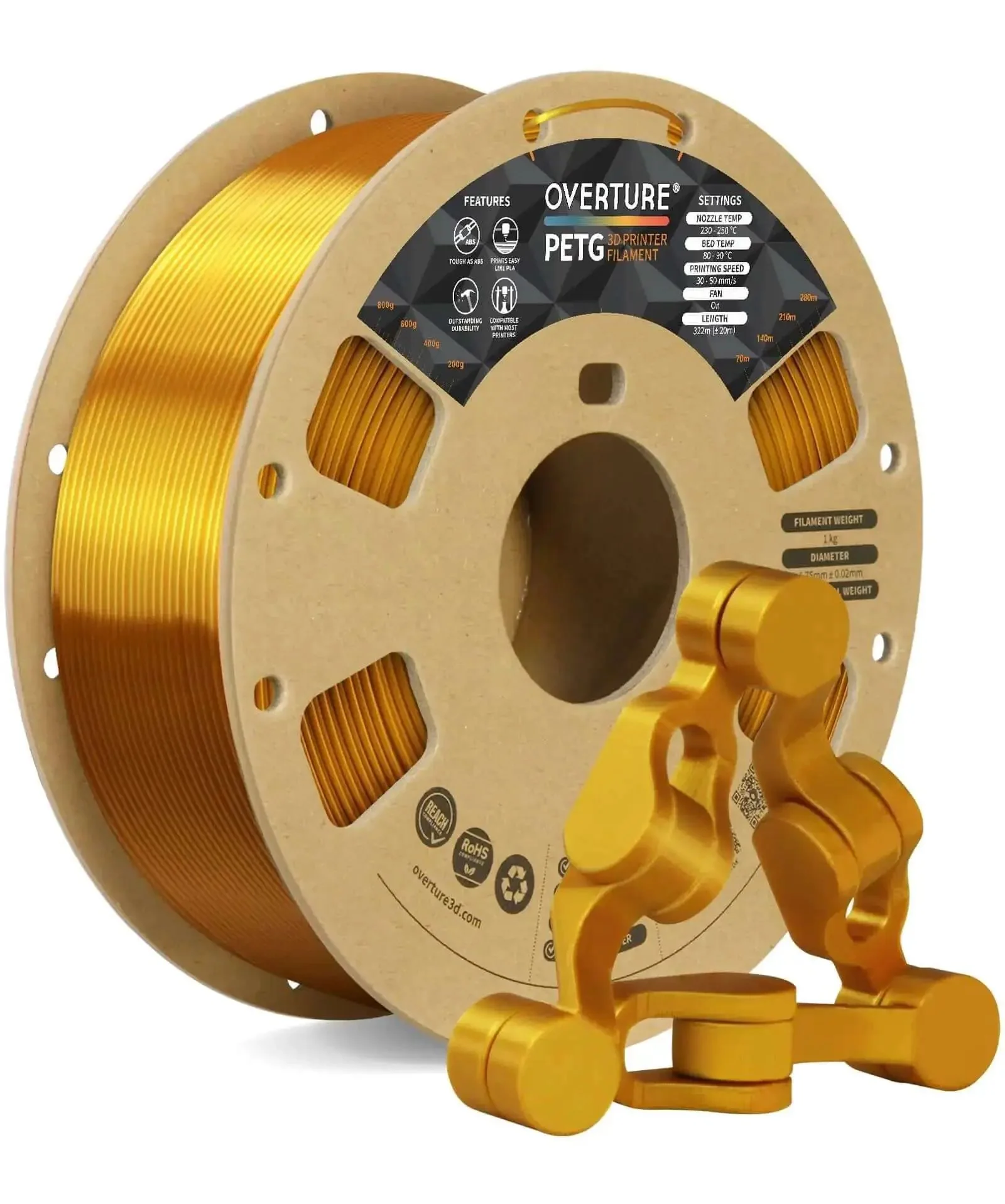 PETG 3D Printer Filament 1.75mm 1Kg Spool Gold Color Strong Yet Easy Like PLA With ABS Toughness Superior Layer Adhesion Dimensional Accuracy About 0.02mm Fits Most FDM Printers Neatly Wound And Durable