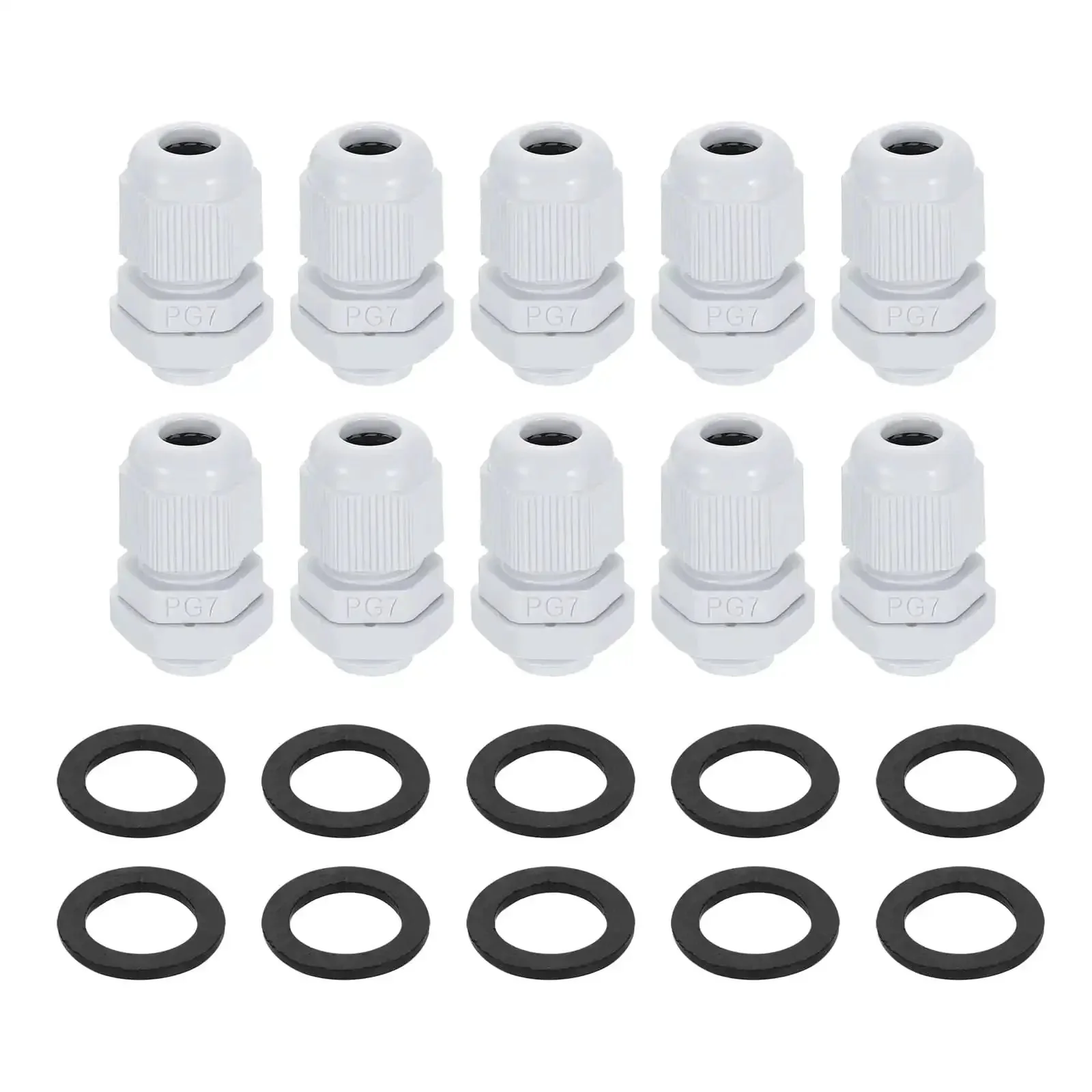 PG7 Nylon Cable Glands Waterproof Cord Grip Connector Kit, 10 Pcs With Washers, Gaskets and Locknuts, Adjustable 3-6.5mm Wire Grommet Protectors For Junction Box, White