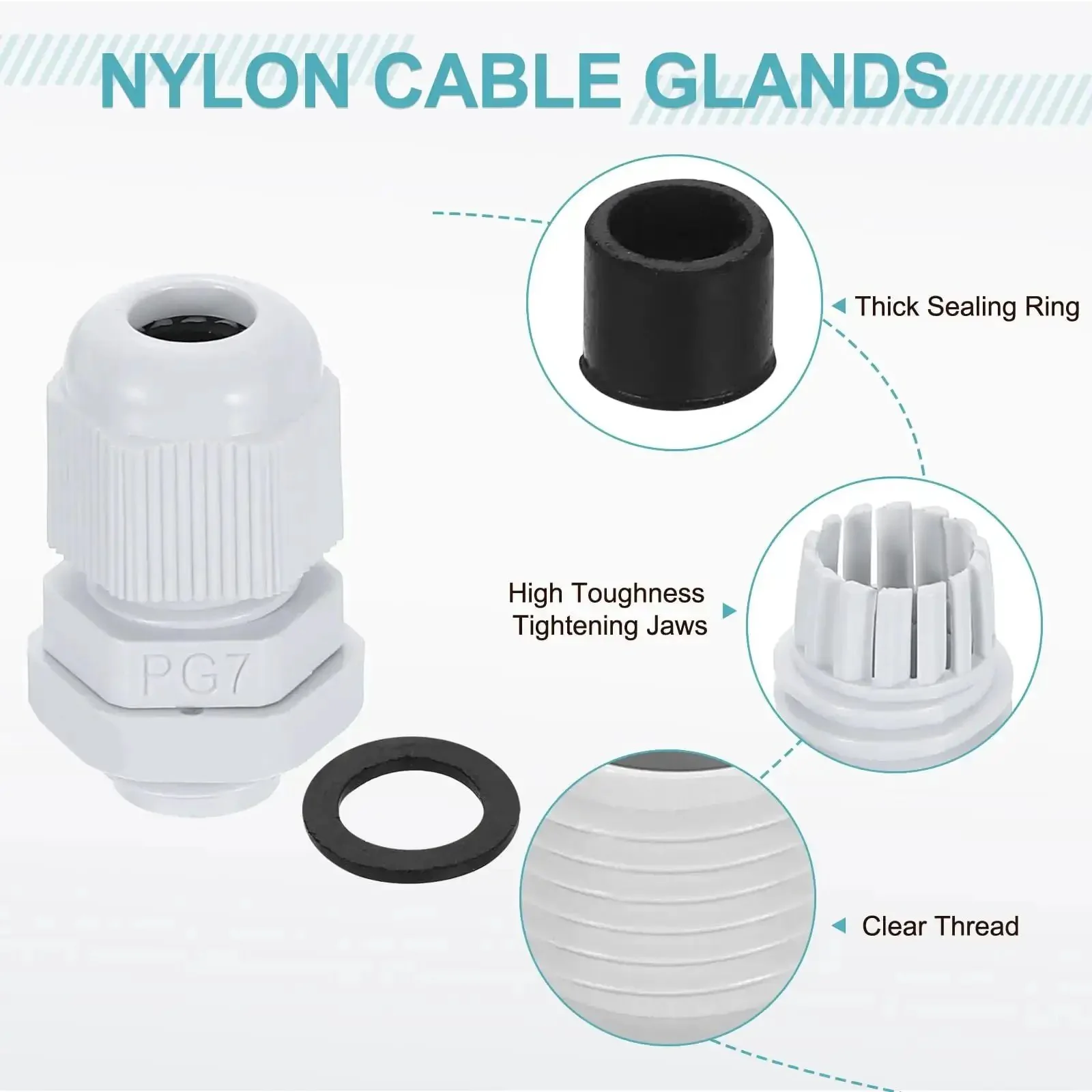 PG7 Nylon Cable Glands Waterproof Cord Grip Connector Kit, 10 Pcs With Washers, Gaskets and Locknuts, Adjustable 3-6.5mm Wire Grommet Protectors For Junction Box, White - Image 5
