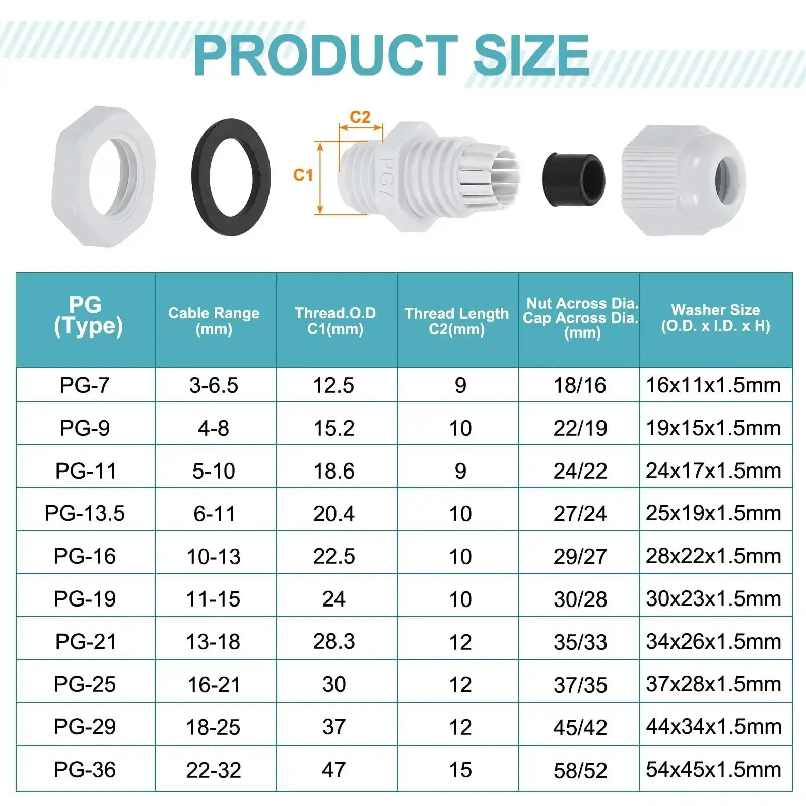 PG7 Nylon Cable Glands Waterproof Cord Grip Connector Kit, 10 Pcs With Washers, Gaskets and Locknuts, Adjustable 3-6.5mm Wire Grommet Protectors For Junction Box, White - Image 6