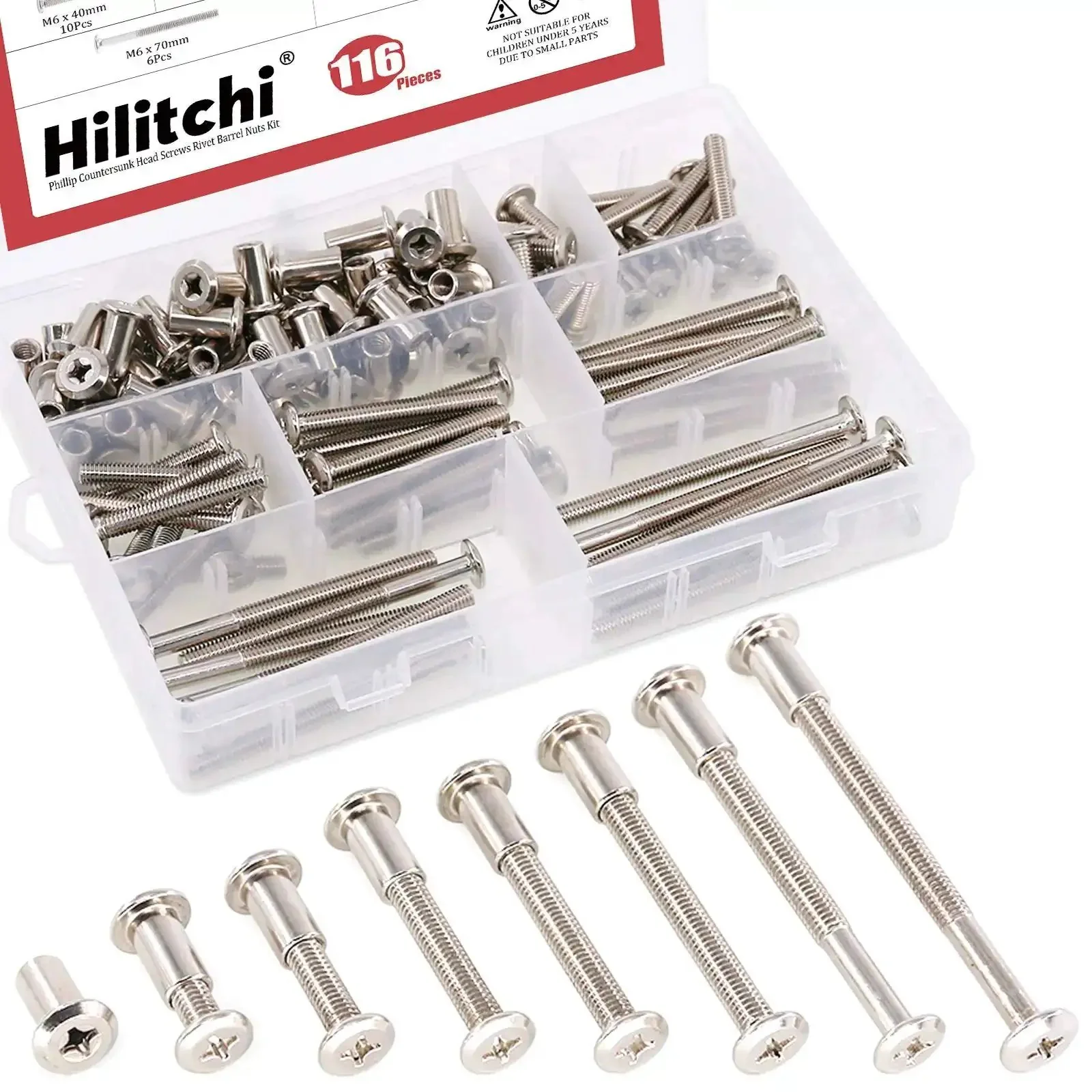 Phillips Countersunk M6 Screws Set 20, 30, 40, 50, 60, 70, 80mm Assorted Bolts Dowel Barrel Nuts Hardware Kit For Furniture Fitting And DIY Projects Ideal For Cabinets And Furniture