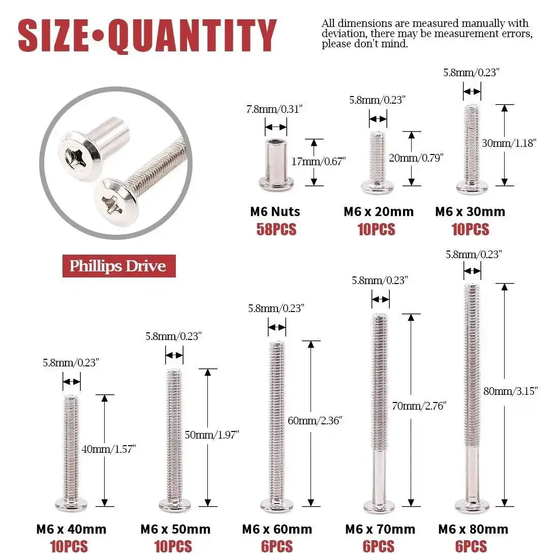 Phillips Countersunk M6 Screws Set 20, 30, 40, 50, 60, 70, 80mm Assorted Bolts Dowel Barrel Nuts Hardware Kit For Furniture Fitting And DIY Projects Ideal For Cabinets And Furniture - Image 7