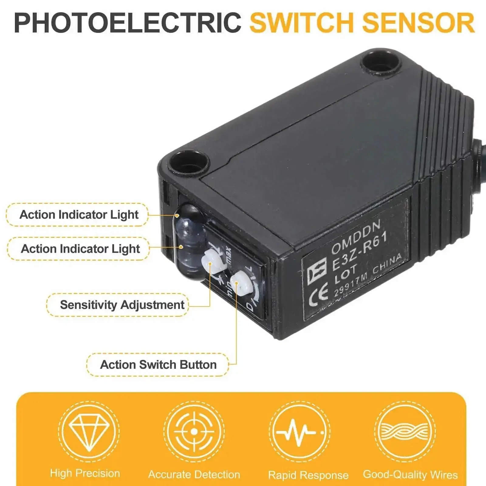 Photoelectric Sensor Kit 12-24V DC Pro Grade Specular Reflection Detects Objects With 2M Range NPN NO NC Outputs 3 Line Sensing Industrial Automation Switch Sensor Black - Image 3