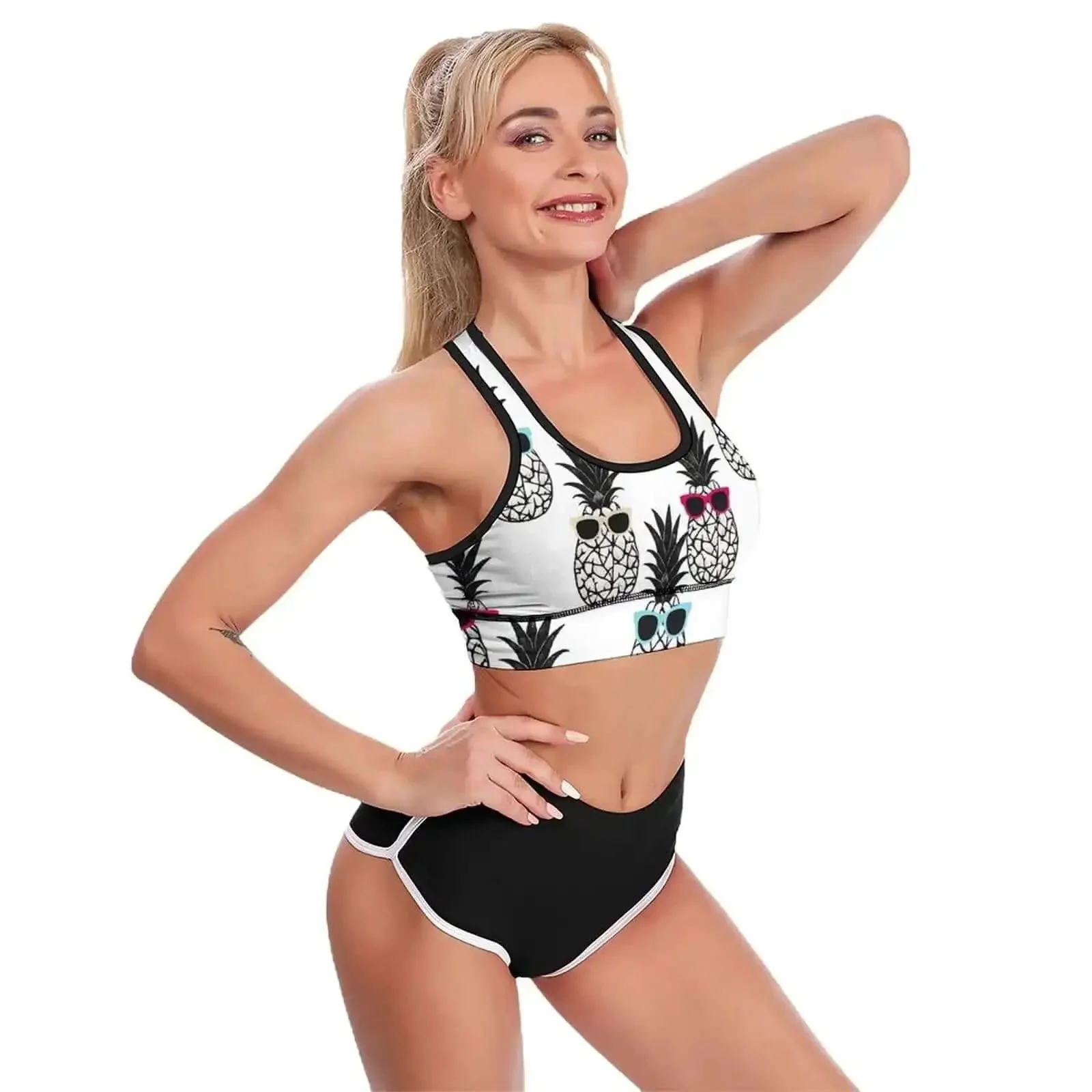 Pineapple Print Yoga Bra With Sunglasses Removable Padding Cross Back Sports Crop Top For Women Premium Fabric 86 Polyester 14 Spandex Breathable Soft Fit All Day Comfort Workout Tank - Image 3