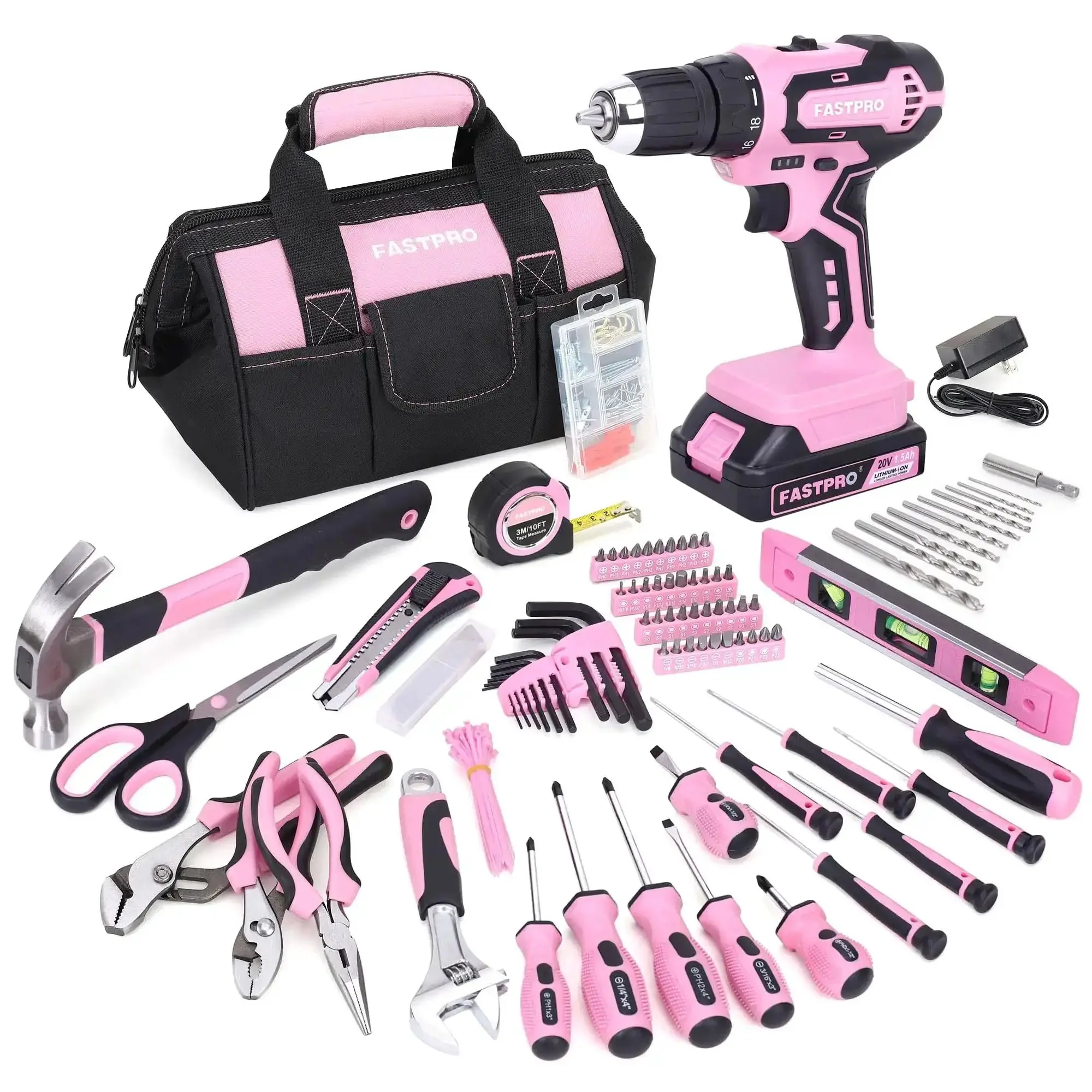 Pink 232-Piece Drill Set With 20V Cordless Drill Driver And Home Tool Kit For Women, Ladies Repair Kit With 12-Inch Storage Bag, Hammer, Pliers, Wrenches, Sockets And More Basic Tools