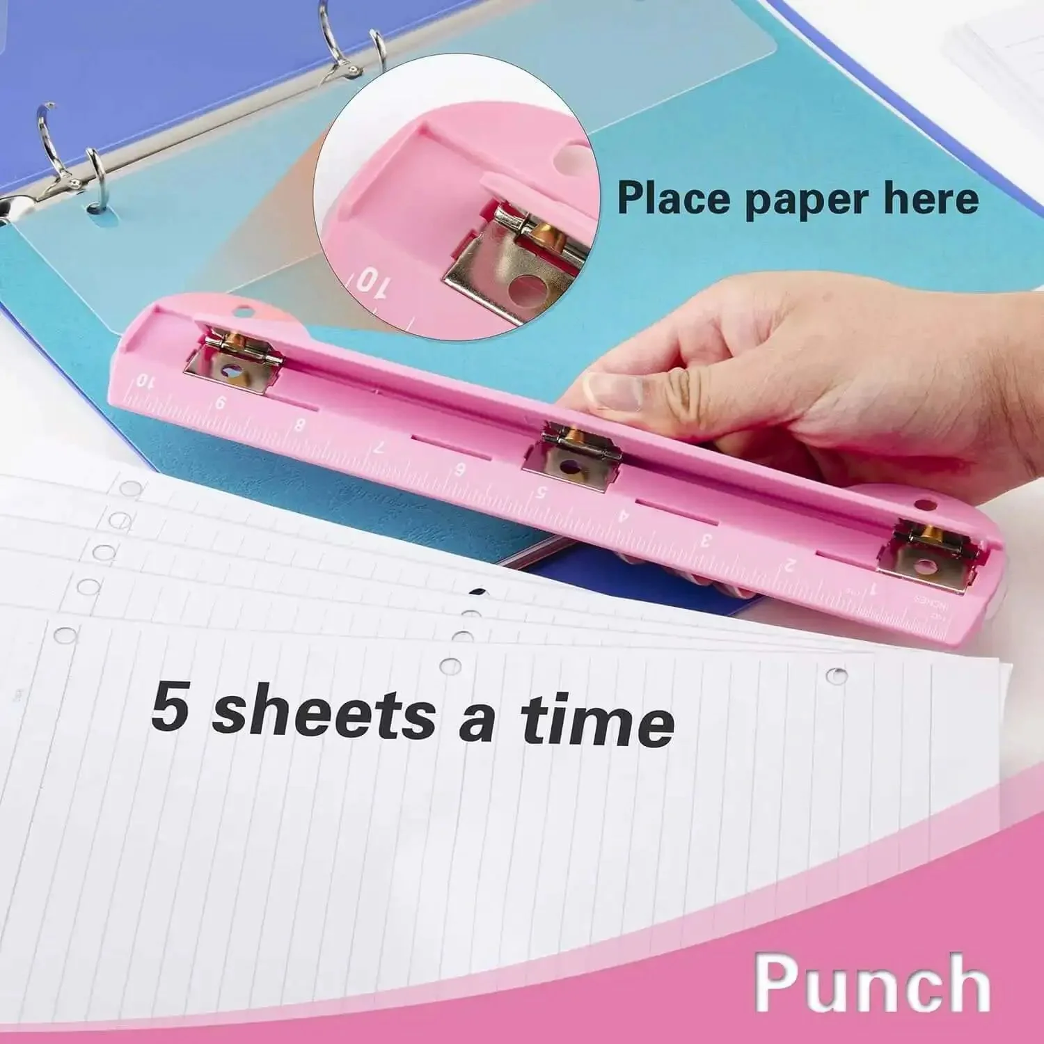 Pink 3 Hole Binder Punch, Compact Desk Tool With 5 Sheet Capacity, Includes 10 Inch Ruler, Paper Chip Tray, And Paper Line Up Guide, Portable Office And School Essential For Professors, Teachers, Students And Busy Professionals - Image 5
