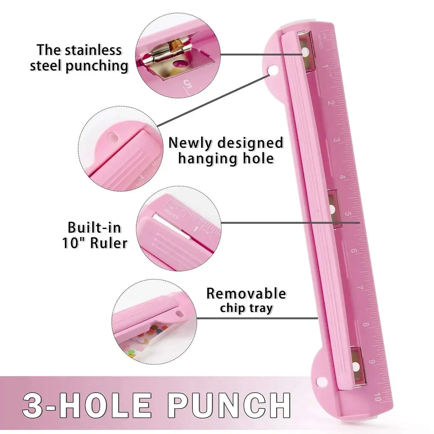Pink 3 Hole Binder Punch, Compact Desk Tool With 5 Sheet Capacity, Includes 10 Inch Ruler, Paper Chip Tray, And Paper Line Up Guide, Portable Office And School Essential For Professors, Teachers, Students And Busy Professionals - Image 6
