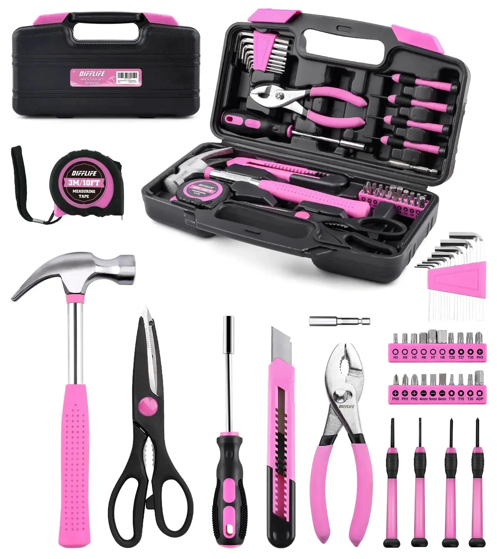 Pink 40 Piece Home Go-To DIY Tool Set With Plastic Toolbox Case Chrome Vanadium Hand Tools Heat Treated TPR Grip Hammer Pliers Tape Measure And Bits Kit For Everyday Repairs