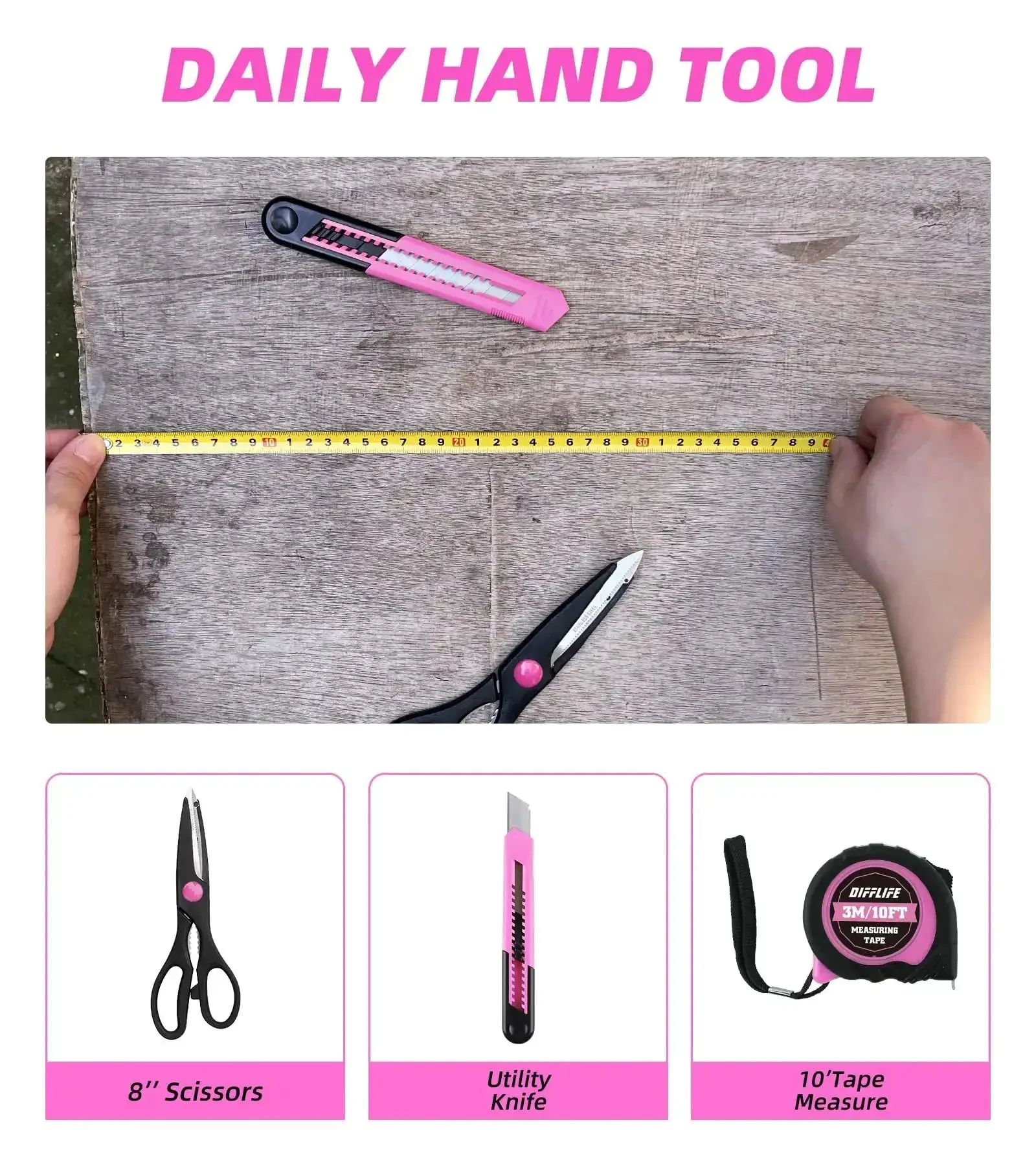 Pink 40 Piece Home Go-To DIY Tool Set With Plastic Toolbox Case Chrome Vanadium Hand Tools Heat Treated TPR Grip Hammer Pliers Tape Measure And Bits Kit For Everyday Repairs - Image 4