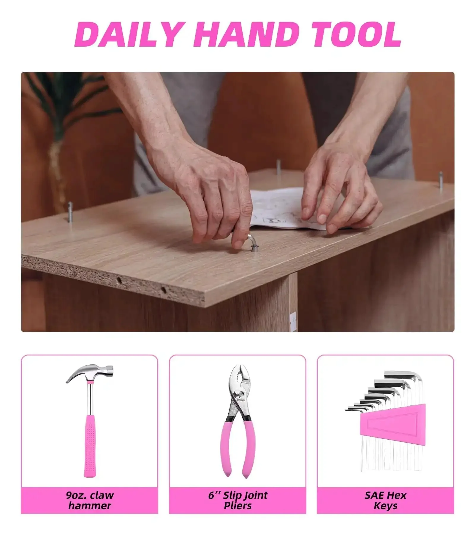 Pink 40 Piece Home Go-To DIY Tool Set With Plastic Toolbox Case Chrome Vanadium Hand Tools Heat Treated TPR Grip Hammer Pliers Tape Measure And Bits Kit For Everyday Repairs - Image 5