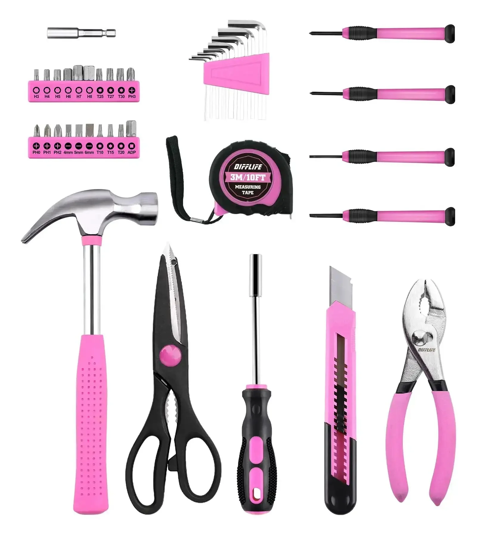 Pink 40 Piece Home Go-To DIY Tool Set With Plastic Toolbox Case Chrome Vanadium Hand Tools Heat Treated TPR Grip Hammer Pliers Tape Measure And Bits Kit For Everyday Repairs - Image 7