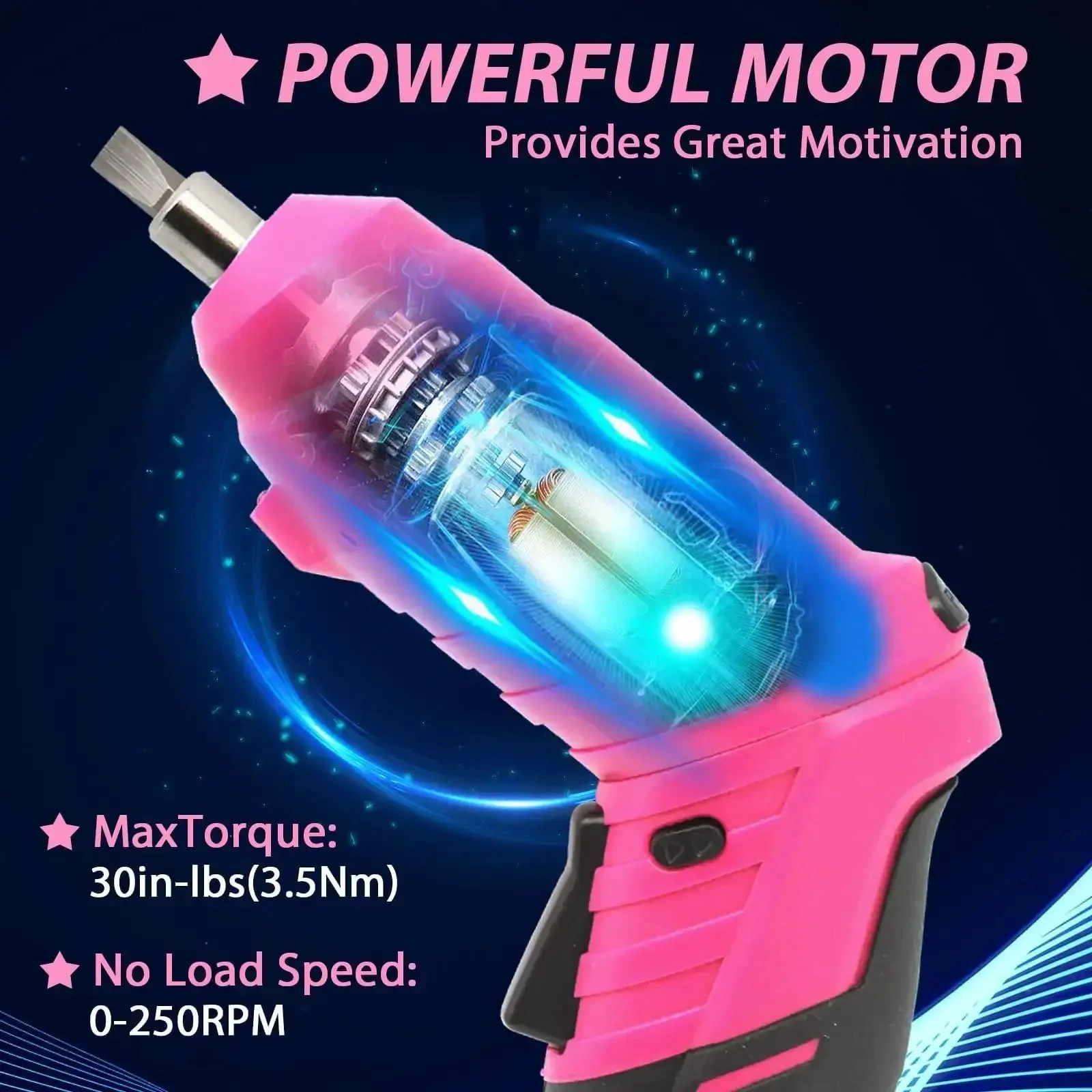 Pink Cordless Mini Screwdriver Kit With 3.7V Rechargeable Power, 47-Piece Driver Bit Set, 3Nm Electric Torque, 220 RPM No-Load, Two-Position Handle, Flexible Shaft, LED Light, Portable DIY Tool For Home Projects And Quick Fixes - Image 3