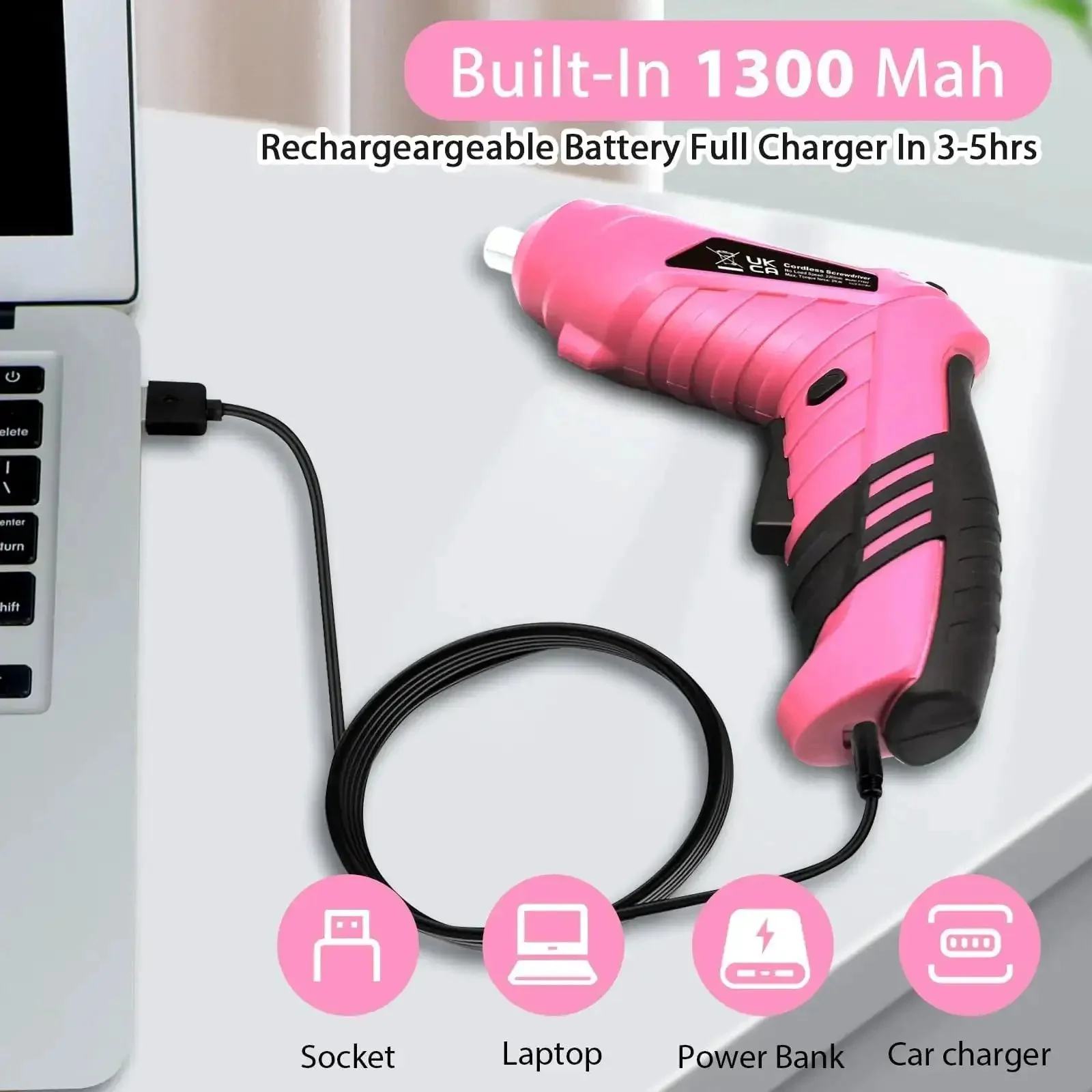 Pink Cordless Mini Screwdriver Kit With 3.7V Rechargeable Power, 47-Piece Driver Bit Set, 3Nm Electric Torque, 220 RPM No-Load, Two-Position Handle, Flexible Shaft, LED Light, Portable DIY Tool For Home Projects And Quick Fixes - Image 7