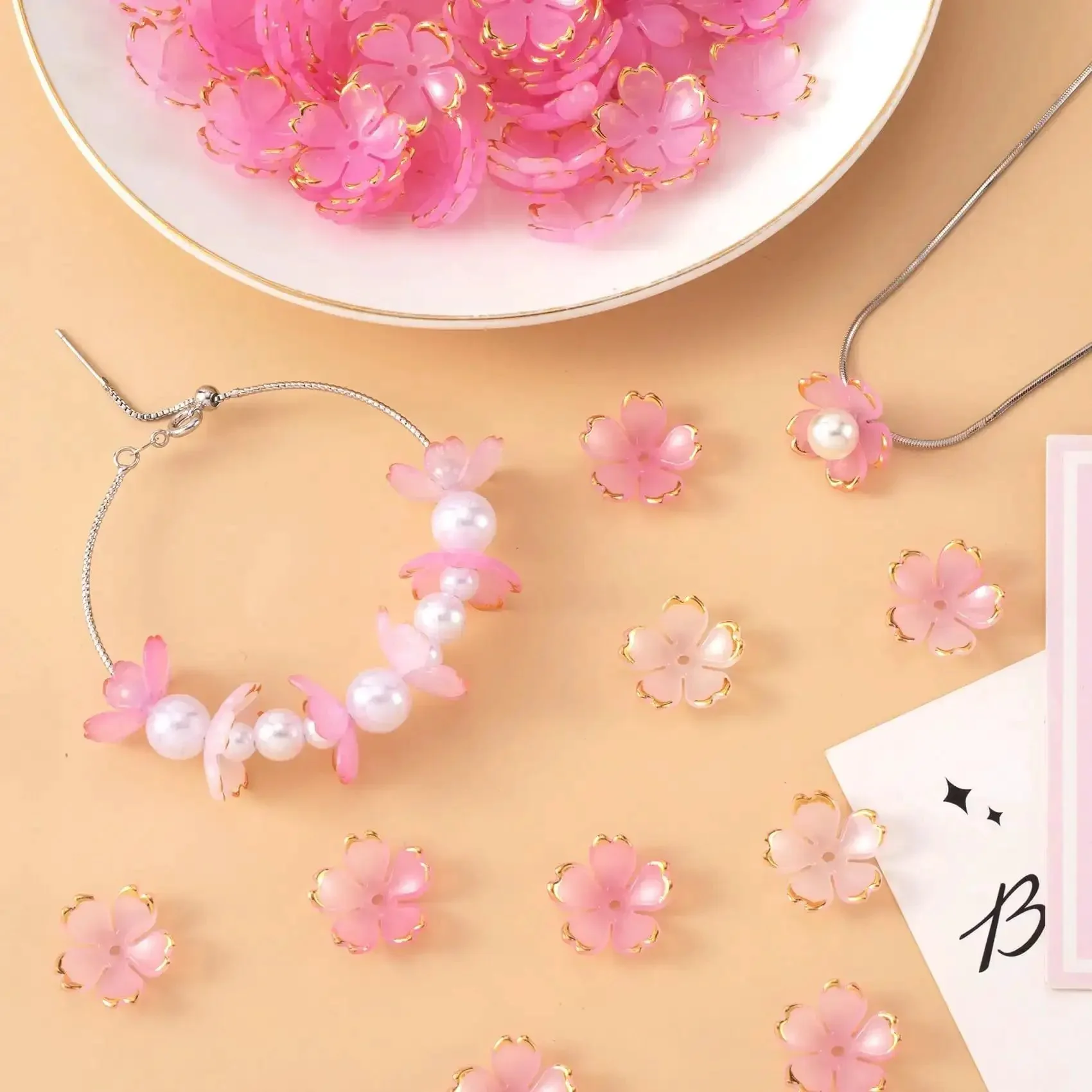 Pink Gradient Cherry Blossom Bead Set, 100 Pcs 5-Petal Acrylic Flower Beads, Mini Spacers For Bracelets, Earrings, Jewelry Making, Hair Accessories, Halloween And Christmas DIY Craft Supplies - Image 3