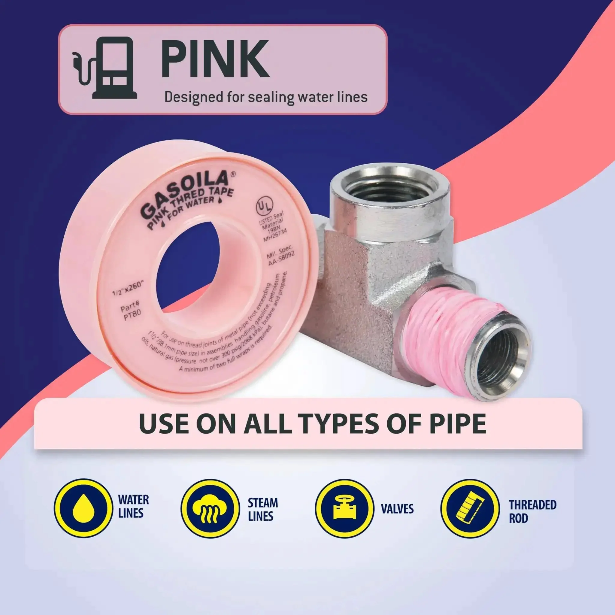 Pink PTFE Thread Seal Tape For Leak Proof Plumbing And HVAC Pipes The Go To High Density Water Line Sealant Non Toxic Pro Grade Half Inch By Two Hundred Sixty Inch Rolls - Image 3