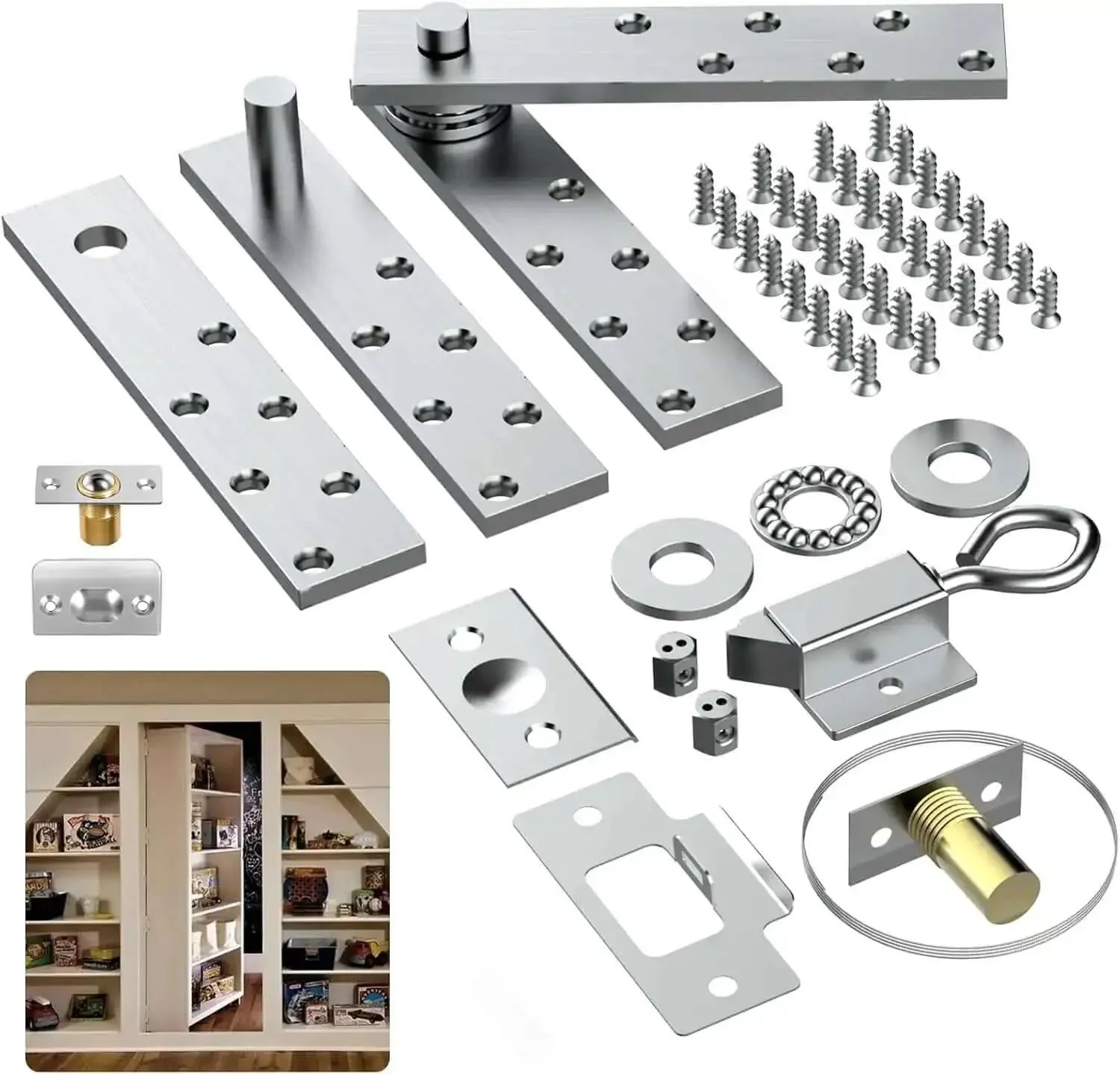 Pivot Door Hinges Heavy Duty Stealthy Hidden Hinge Kit for Wood Secret Doors and Bookcases 360 Degree Rotation Pull Cable Style Large Stainless Steel Construction for Invisible Bookcase Doors